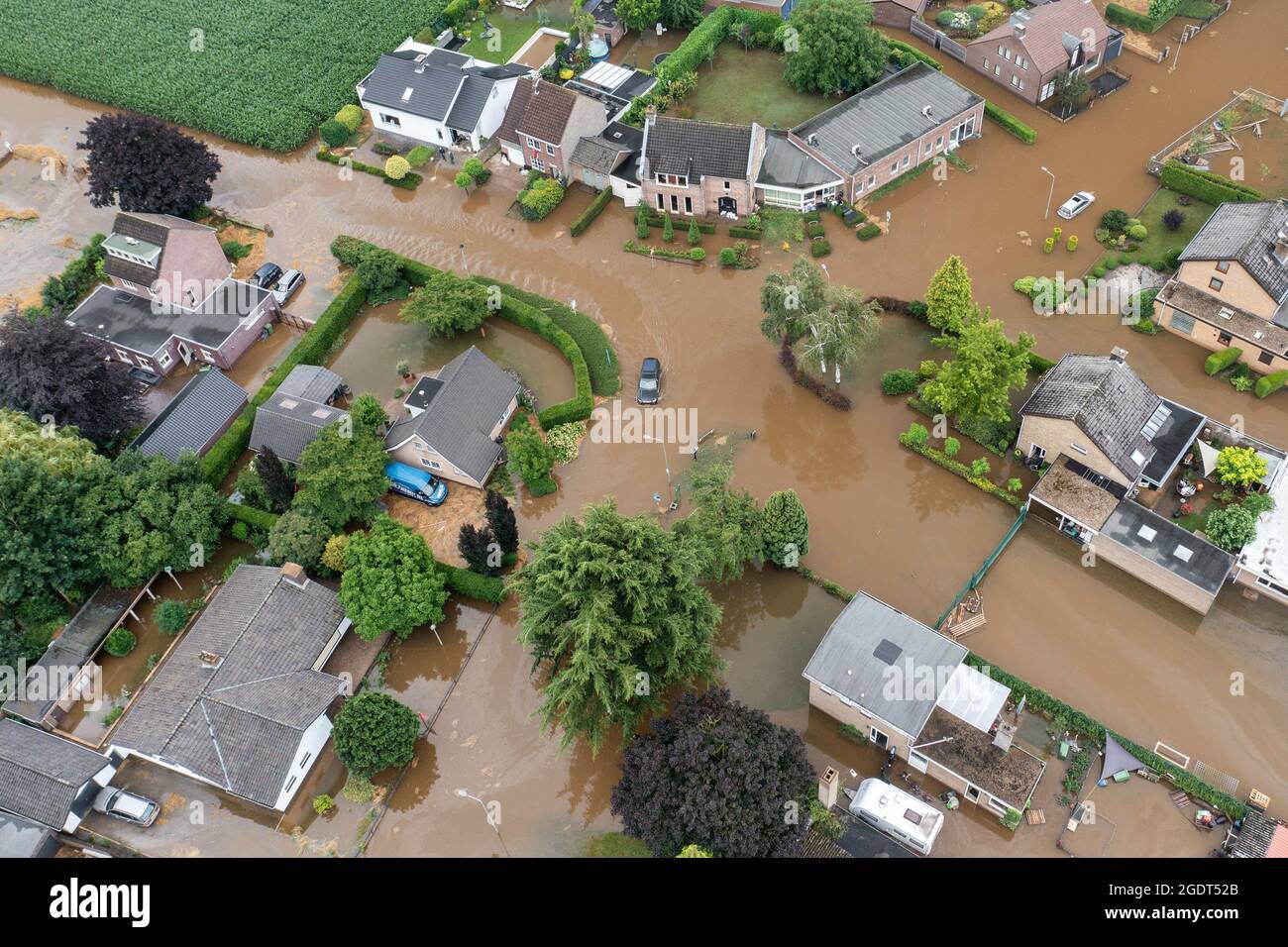 I Paesi Bassi, Bunde, allagati dalle acque di Geul fiume alluvione. Antenna. Foto Stock