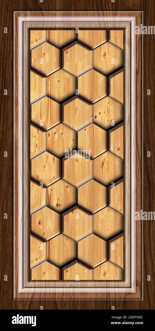 3D Door design sfondo, legno laminato rendering di alta qualità rendering decorativo murale sfondo illustrazione, 3D Carving interni design. Foto Stock