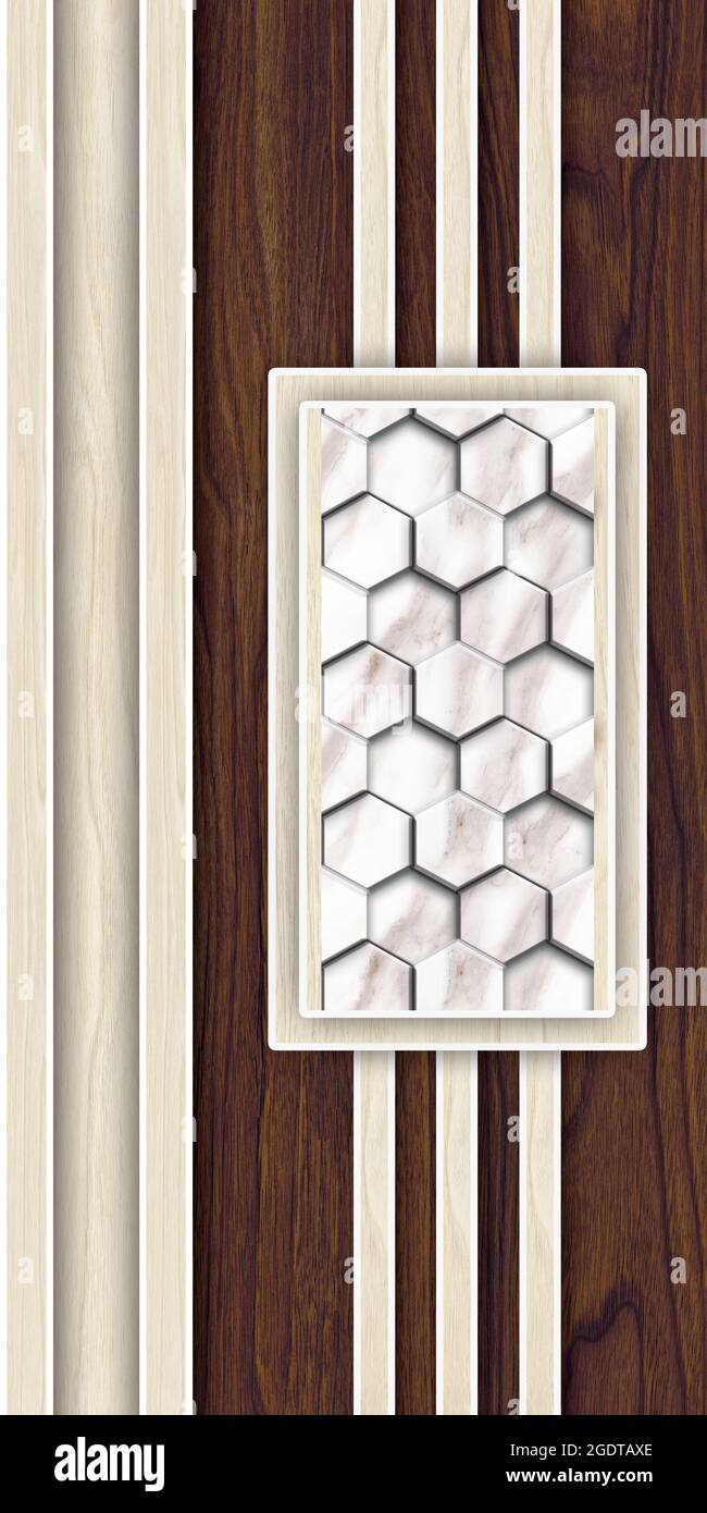 3D Door design sfondo, legno laminato rendering di alta qualità rendering decorativo murale sfondo illustrazione, 3D Carving interni design. Foto Stock