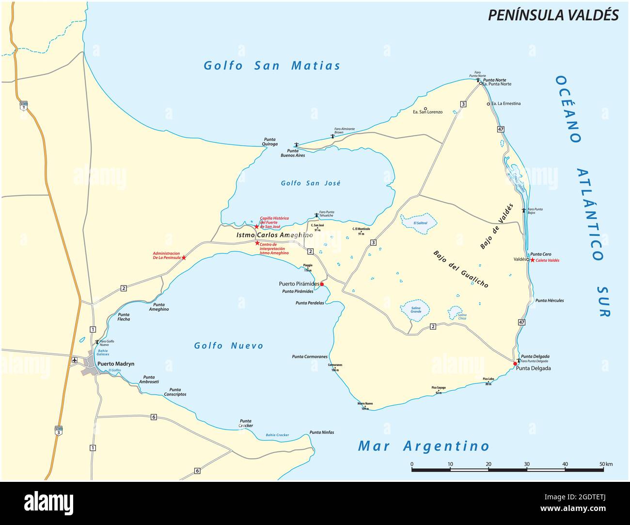 Mappa vettoriale della Penisola Valdes, Chubut, Argentina Illustrazione Vettoriale