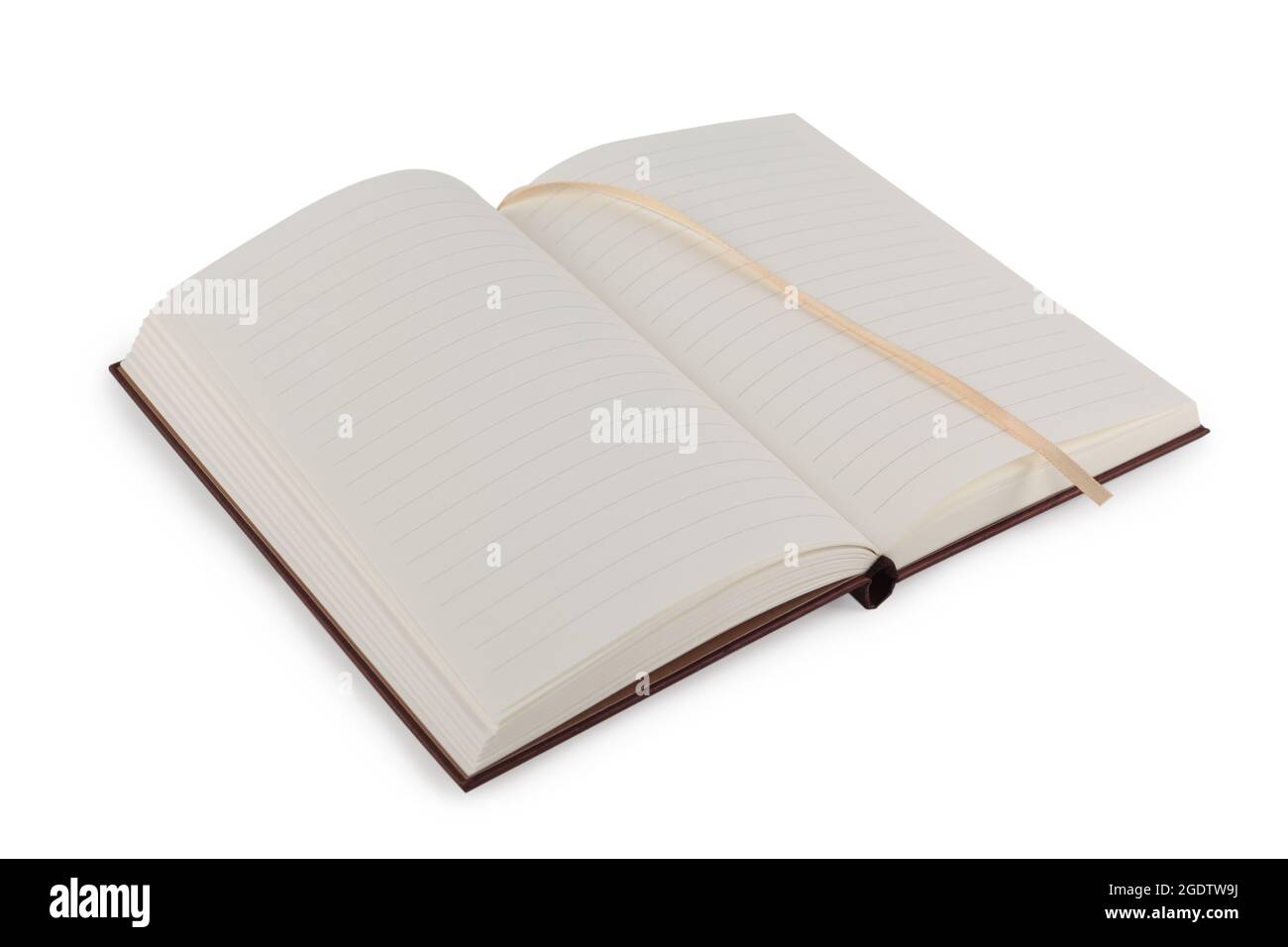 Concetto di design - Vista dall'alto della pagina aperta del notebook cartaceo con segnalibro in tessuto tra le pagine, isolato su sfondo bianco per mockup. Una vera foto di Foto Stock