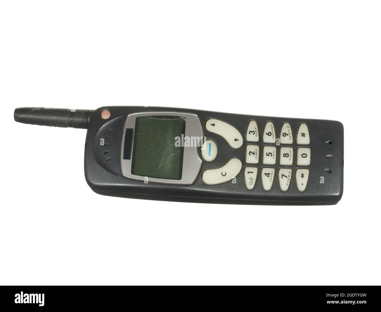 Vecchio telefono cellulare usurato design obsoleto isolato su sfondo bianco. Connessione mobile. Foto Stock