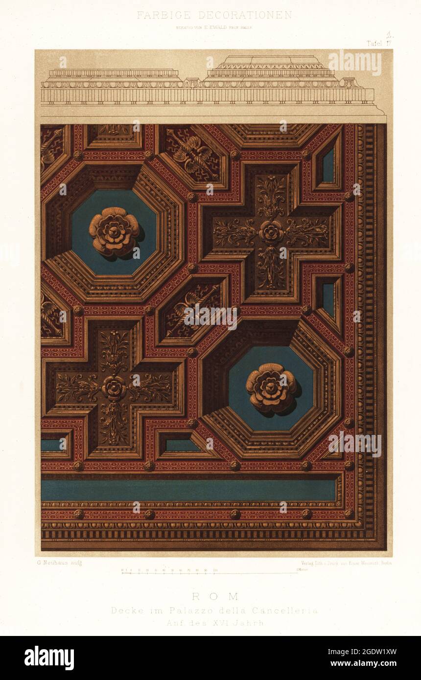 Soffitto nel Palazzo della Cancelleria, Roma, XVI secolo. Decke im Palazzo della Cancelleria, Rom, XVI Jahrh. Chromolithograph di G. Neuhaus di Ernst Ewald’s Farbige decorationen, alter und Never Zeit (decorazione a colori, epoche antiche e nuove), Ernst Wasmuth, Berlino, 1896. Foto Stock