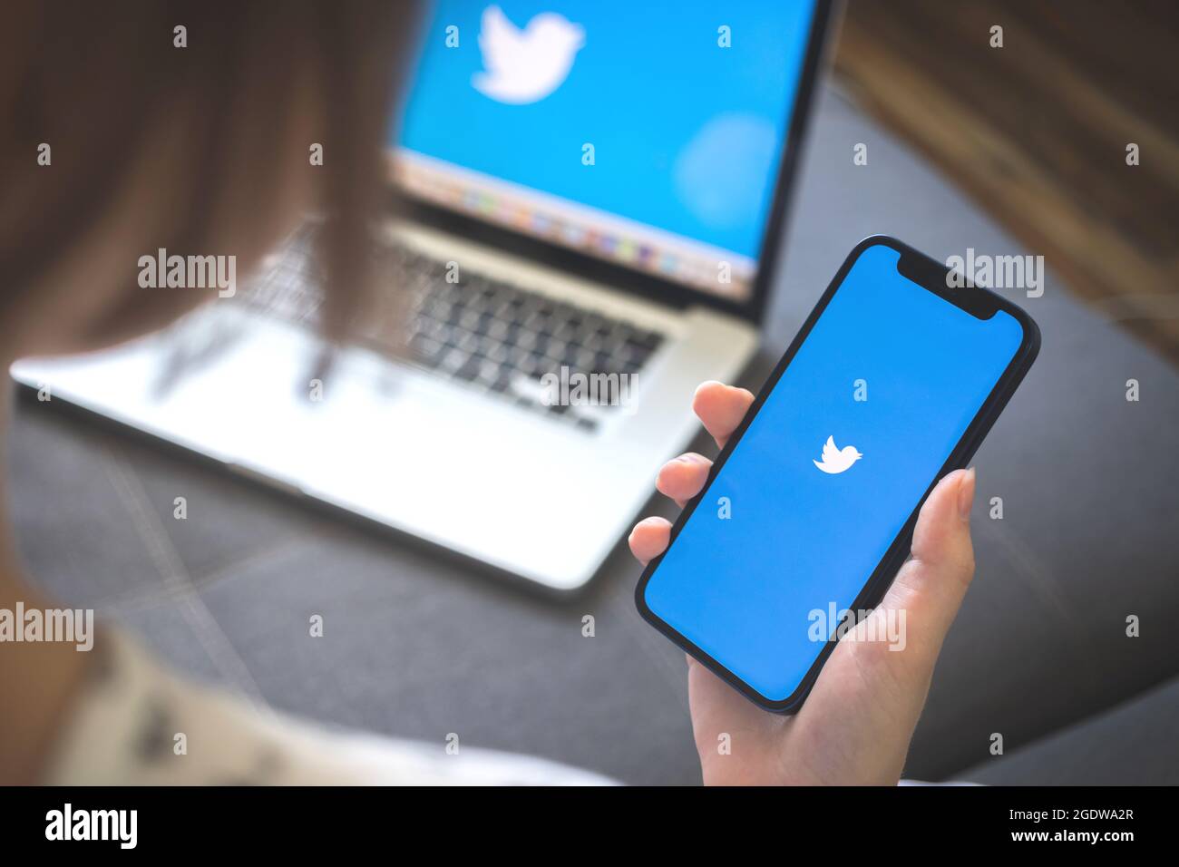 Kharkov, Ucraina - 12 agosto 2021: App Twitter. Donna che usa lo smartphone con l'applicazione twitter. Logo del marchio Foto Stock