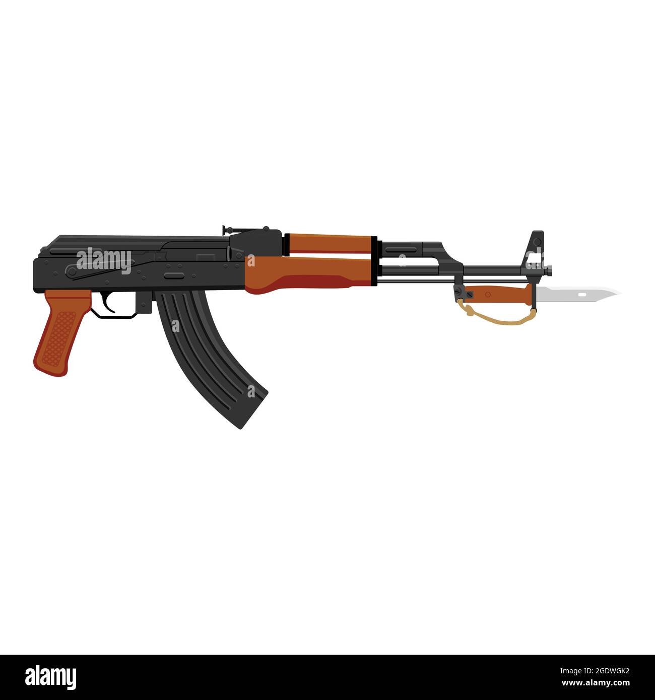 Raccolta di armi. Illustrazione vettoriale pistola a macchina AKM Kalashnikov con baionetta isolata su sfondo bianco. Illustrazione Vettoriale