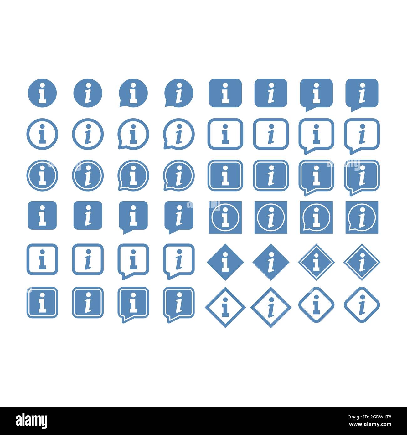 Set di icone vettore info. Pulsante informazioni o Guida nella casella. Illustrazione Vettoriale