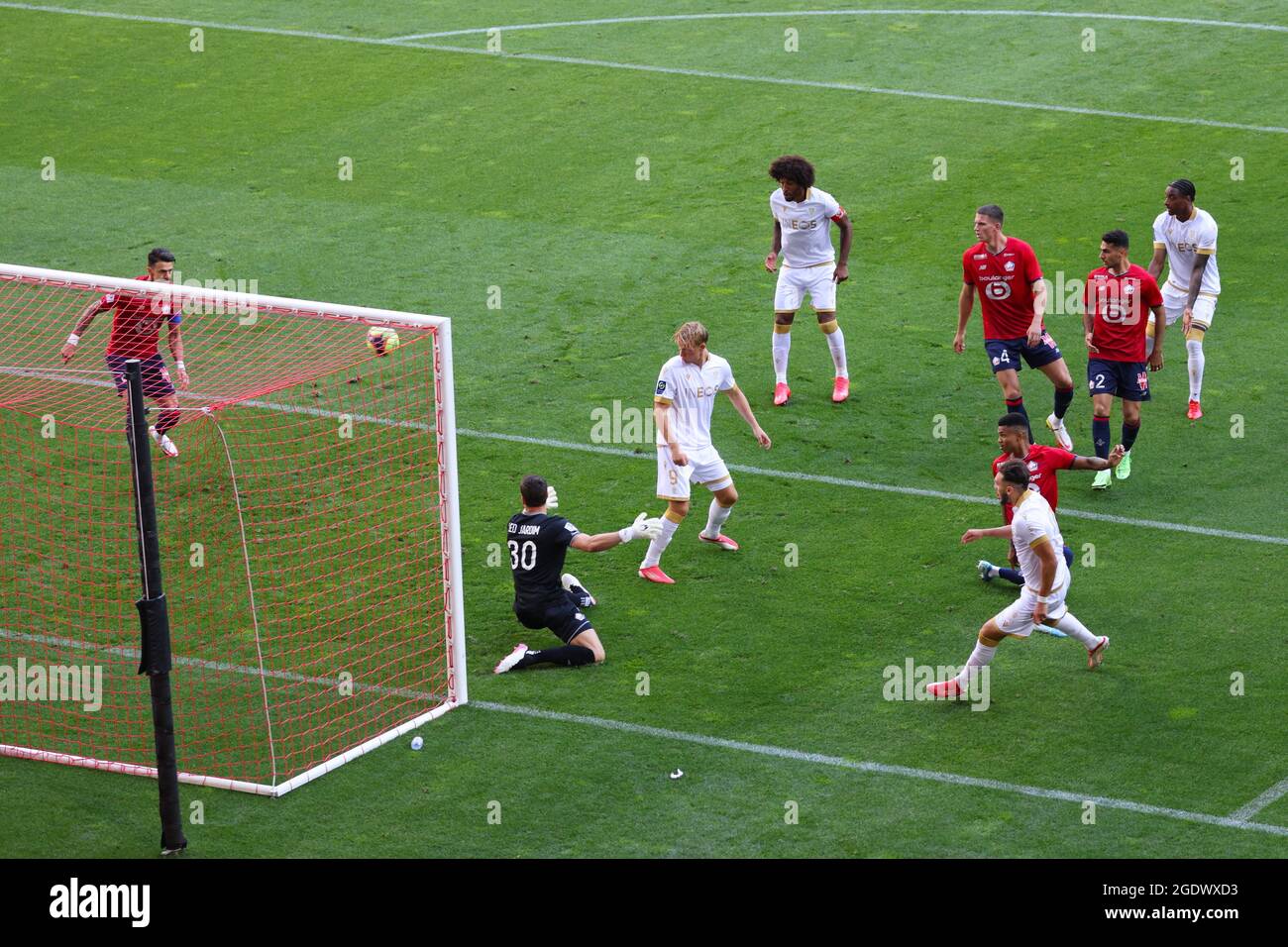 One Goal Dolberg 9 Nizza durante il campionato francese Ligue 1 partita di calcio tra LOSC Lille e OGC Nizza il 14 agosto 2021 allo stadio Pierre Mauroy a Villeneuve-d'Ascq vicino Lille, Francia - Foto Laurent Sanson / LS Medianord / DPPI Foto Stock