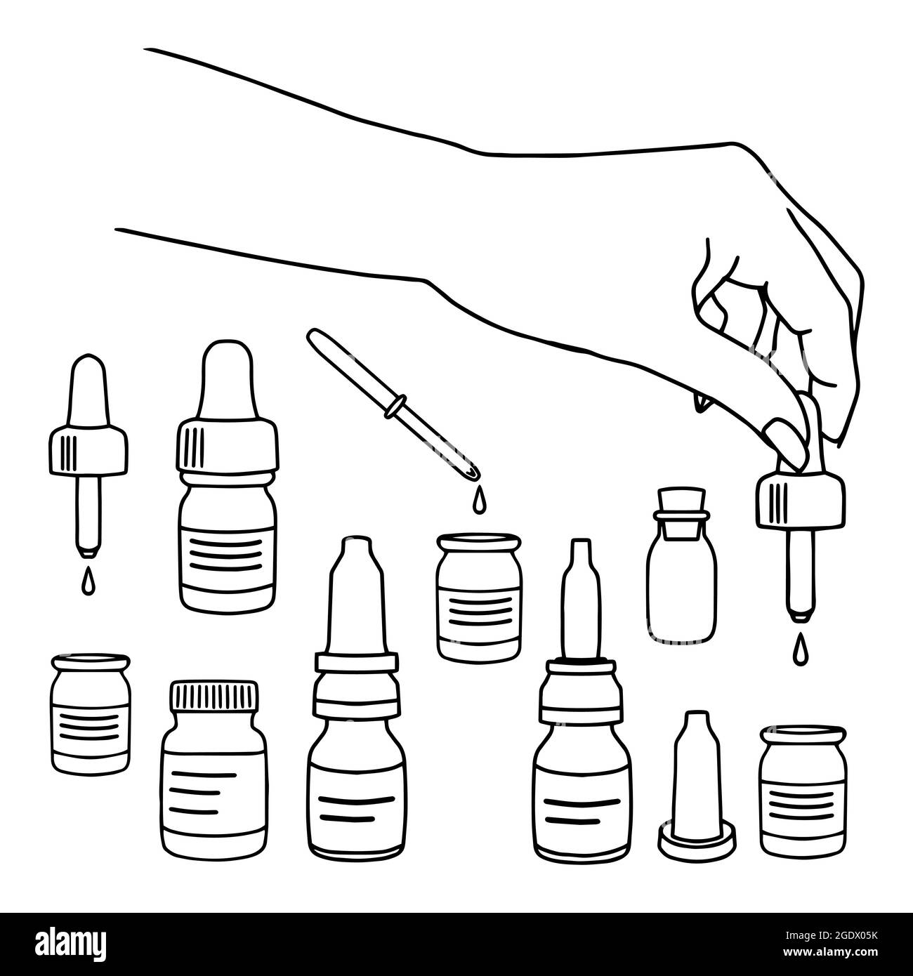 Un set di flaconi di medicina farmaceutica con contagocce in stile doodles in formato vettoriale, adatti per l'uso su Internet, stampa o pubblicità. Illustrazione Vettoriale