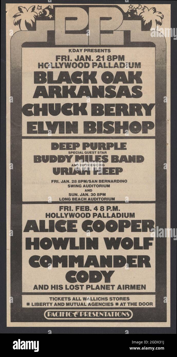 Pacific Presentations presenta un annuncio per concerti di rock stampa, a San Bernadino e Long Beach, gennaio 1972. Concerti di Black Oak Arkansas, Chuck Berry, Elvin Bishop, Deep Purple, Buddy Miles, Uriah Heep, Alice Cooper, Howlin' Wolf, Comandante Cody. Foto Stock