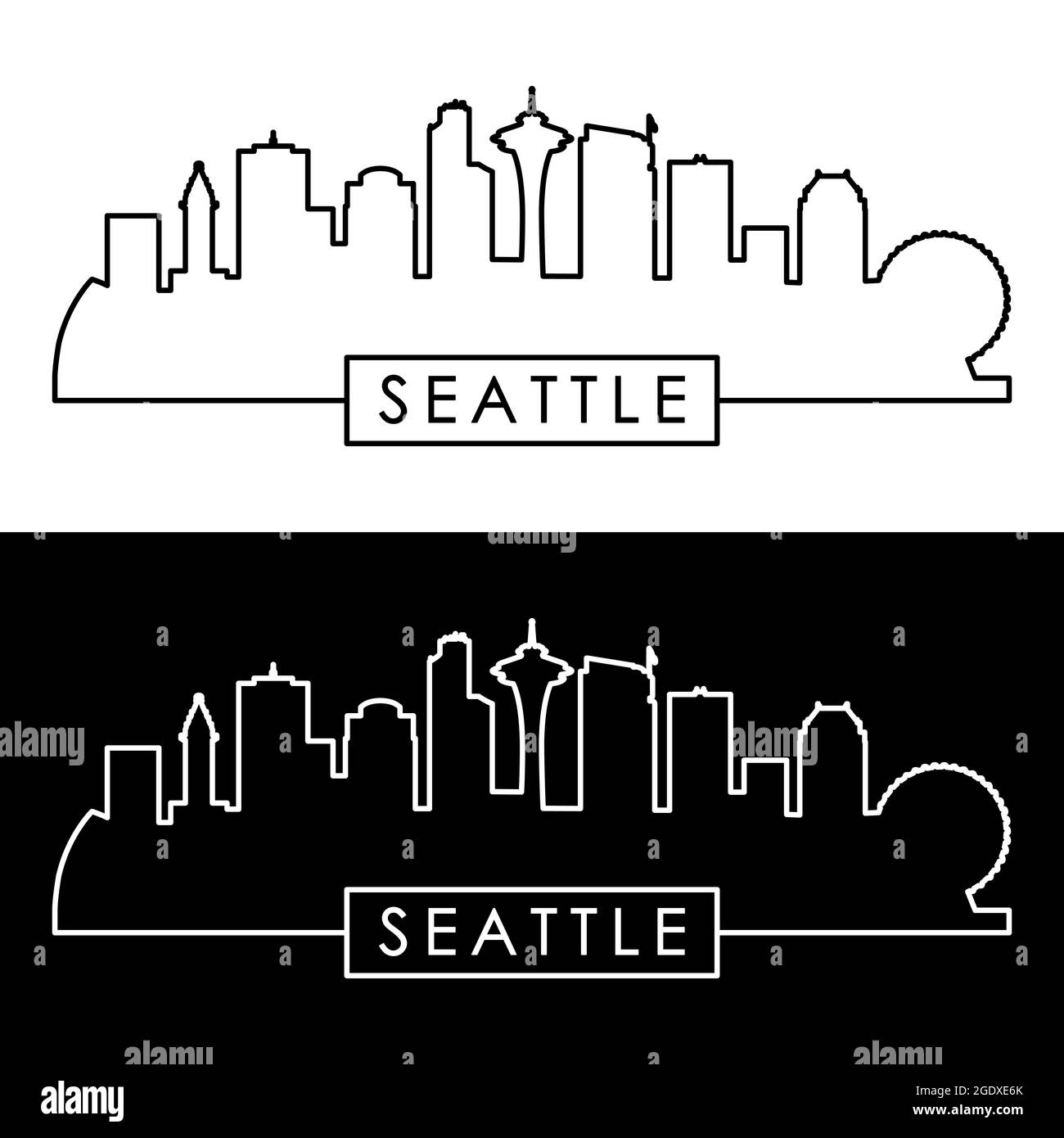 Skyline di Seattle. Stile lineare. File vettoriale modificabile. Illustrazione Vettoriale