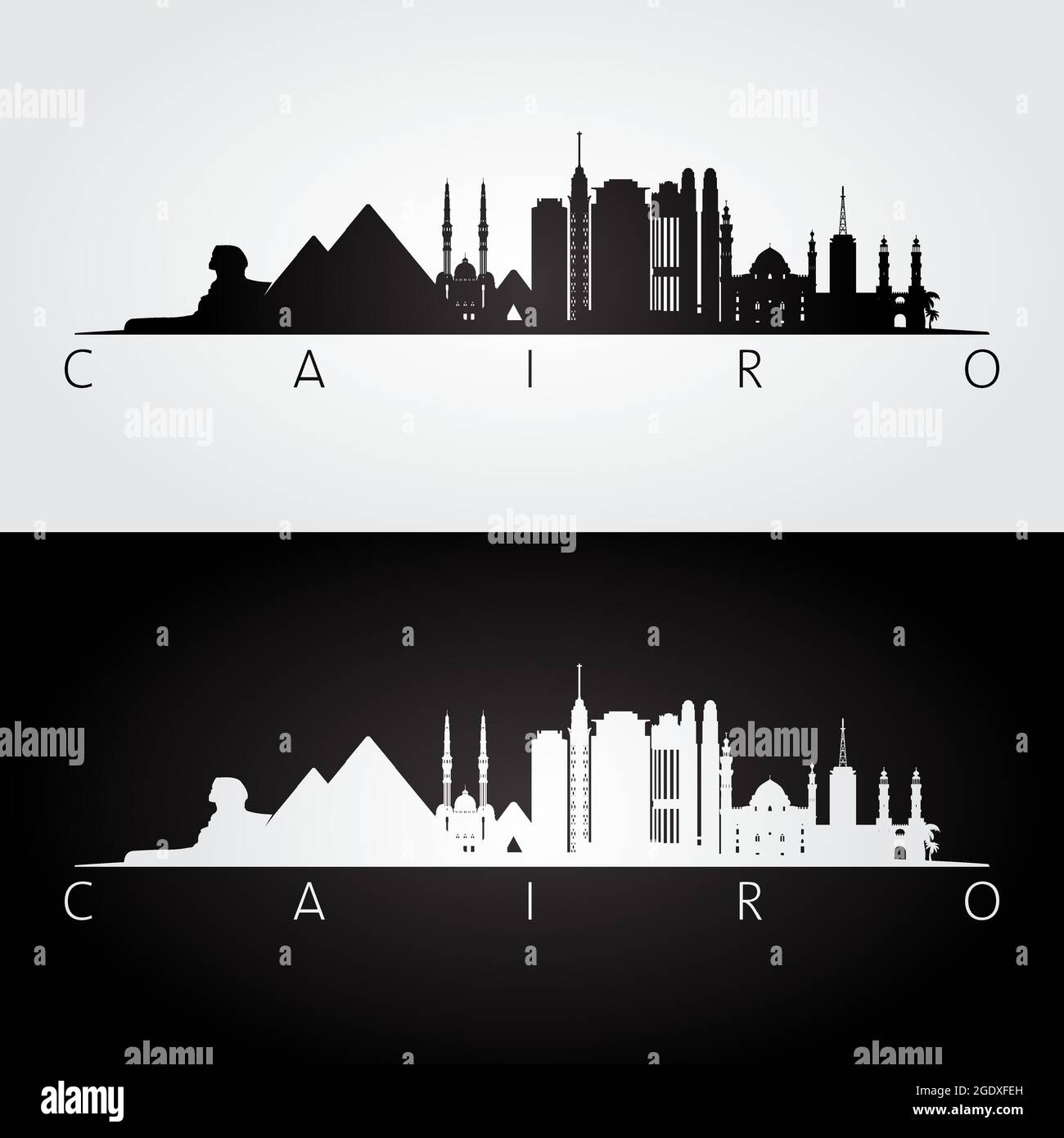 Skyline del Cairo e linee di riferimento, design in bianco e nero, illustrazione vettoriale. Illustrazione Vettoriale