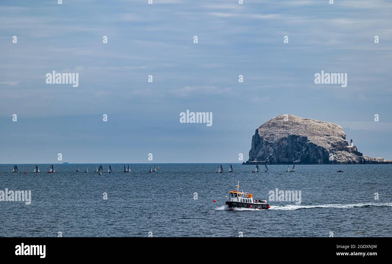 North Berwick, East Lothian, Scozia, Regno Unito, 15 agosto 2021. East Lothian Yacht Club ospita la gara di vela Aspire Merlin Rocket National Championships questa settimana. Questo è il 75° Campionato Nazionale delle classi. La barca turistica Sulla III passa di fronte alla regata velica Foto Stock