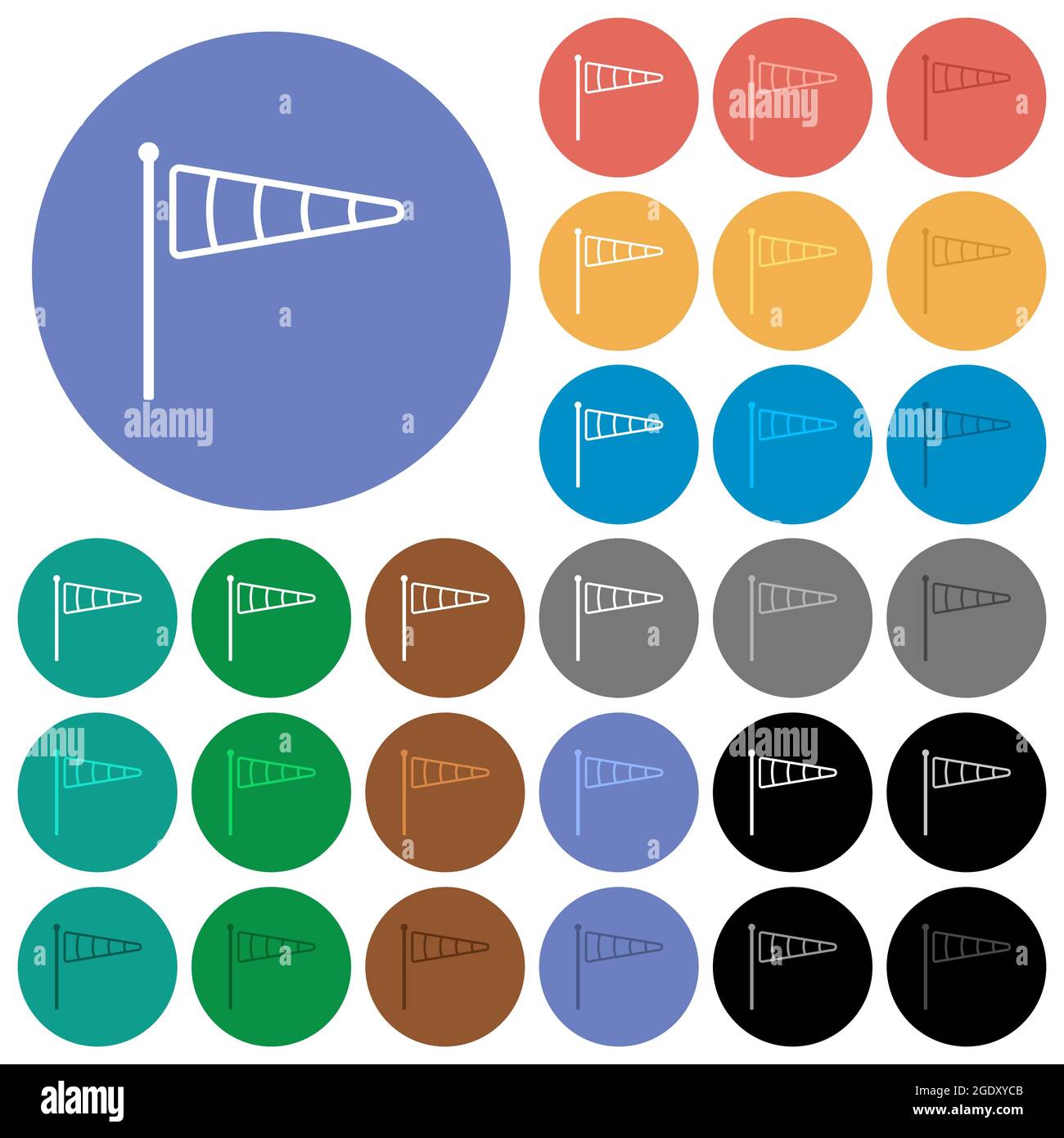 Indicatore Windsock delimita icone piatte multicolore su sfondi rotondi. Incluse variazioni delle icone bianche, chiare e scure per il passaggio del mouse e lo stato attivo e. Illustrazione Vettoriale