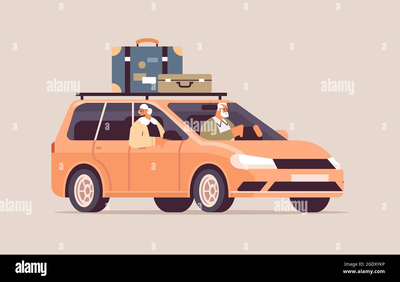 divertente vecchia famiglia che guida in auto per una vacanza settimanale coppie di viaggiatori senior che viaggiano con un concetto attivo di vecchiaia Illustrazione Vettoriale