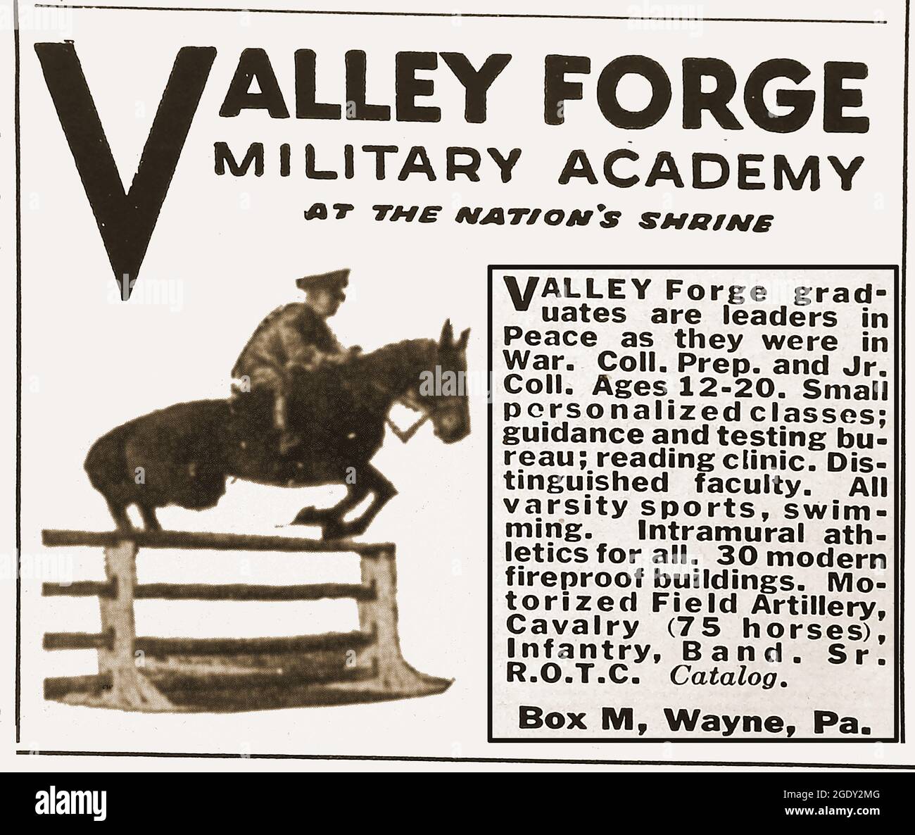 Un annuncio del 1940 per la Valley Forge Military Academy 'presso il santuario della nazione', Wayne, Pennsylvania, USA. Foto Stock