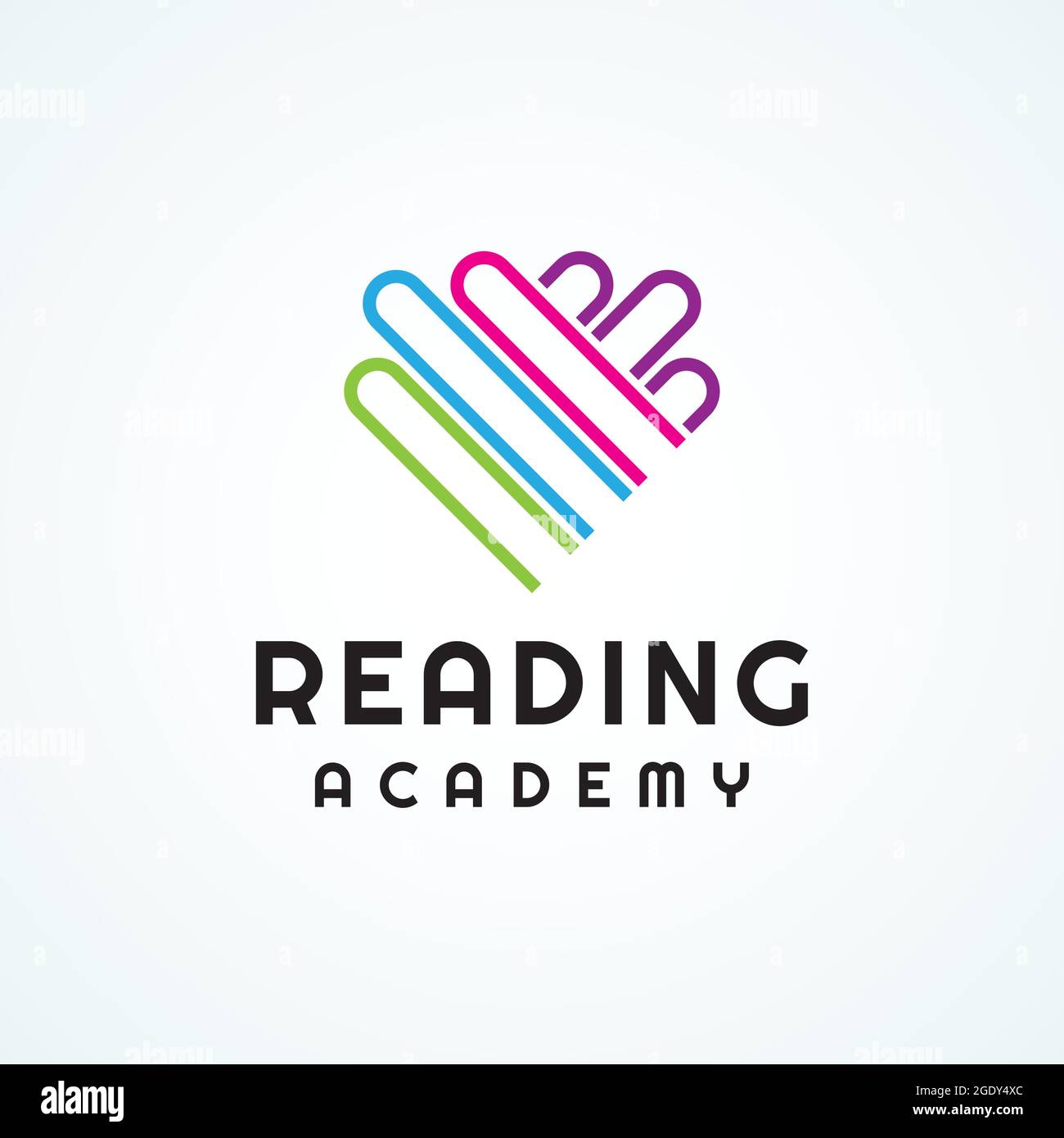 Logo Reading Academy. Mucchio di libri a forma di cuore. Disegno vettoriale colorato. Blu verde rosa magenta viola colore Illustrazione Vettoriale