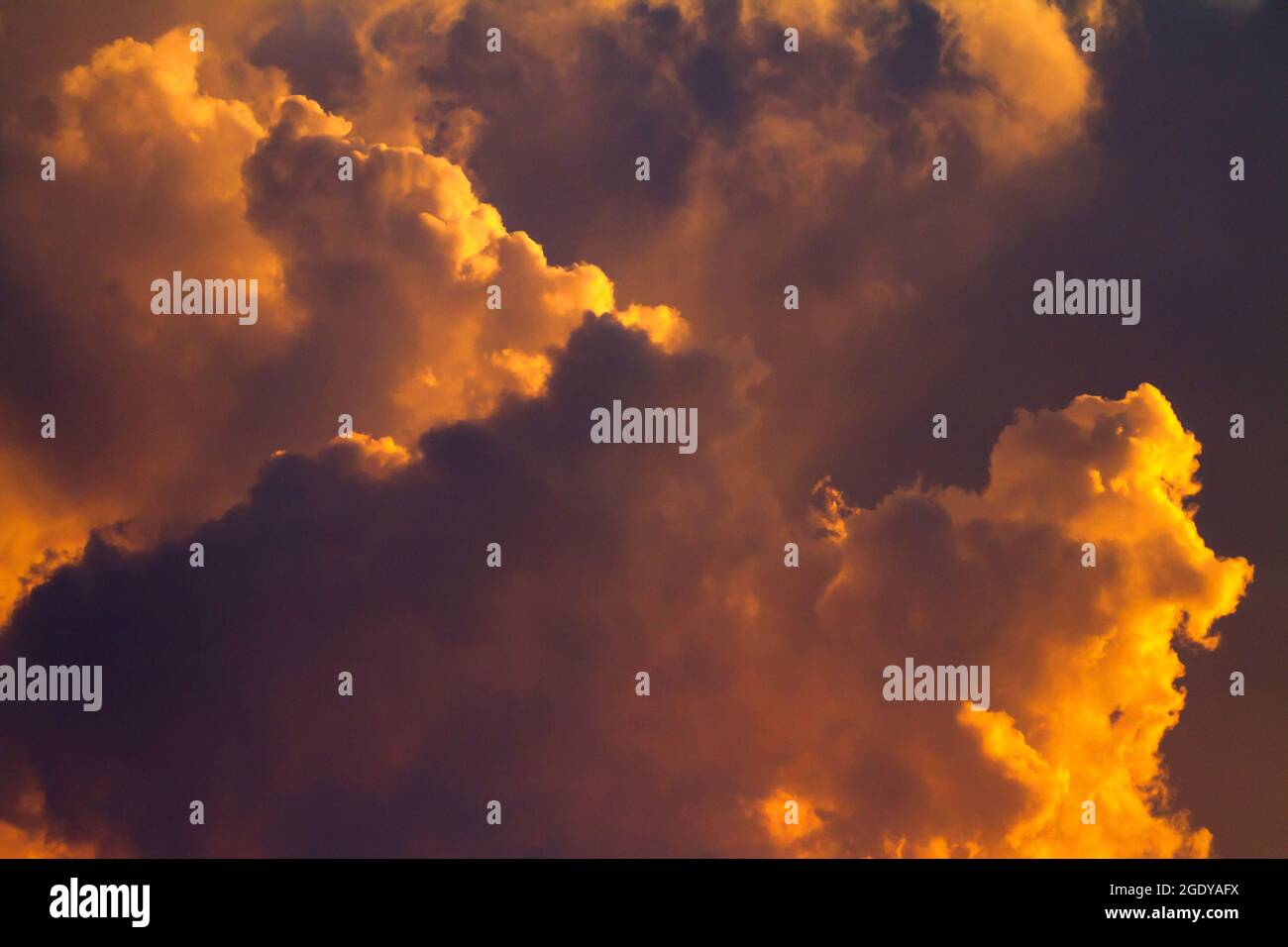 Le nubi della tempesta si radunano mentre il sole tramontante le bagna in una luce arancione drammatica. Foto Stock