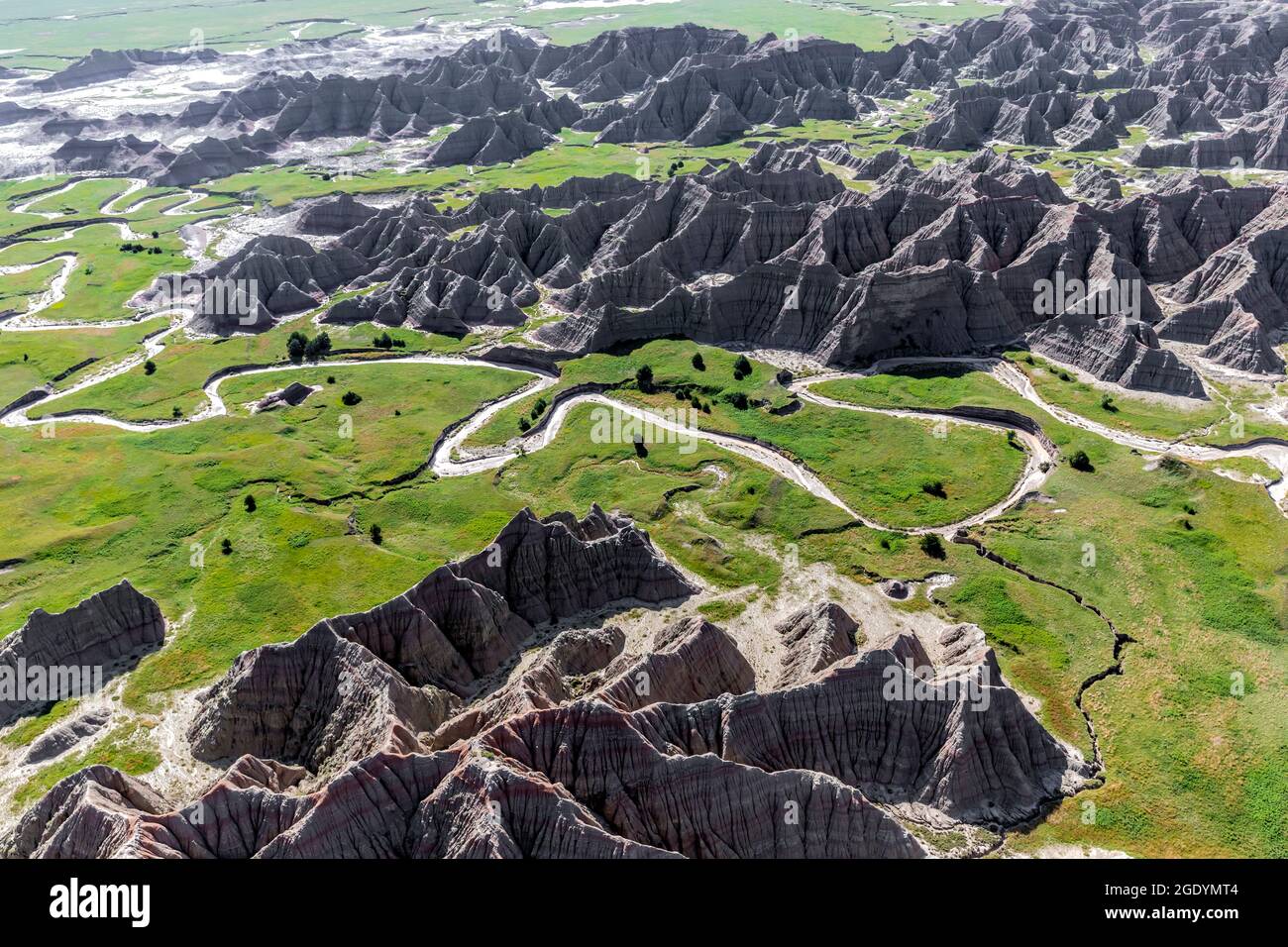 SD00478-00....SOUTH DAKOTA - Parco Nazionale Badlands dall'alto via volo in elicottero. Foto Stock
