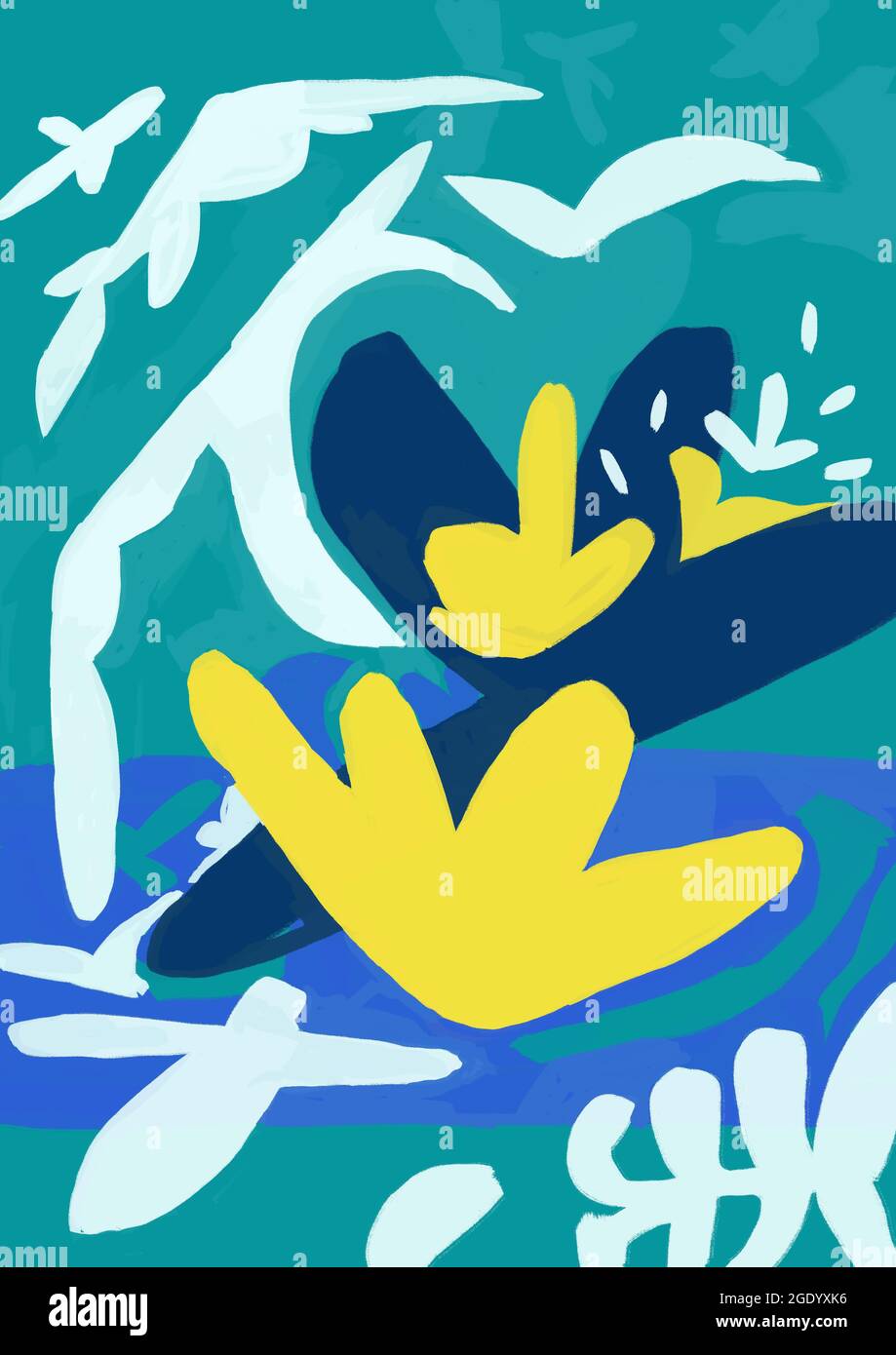 ispirato ai poster degli anni '50. Pittura dalla forma semplice e minimalista, rappresentazione di fiori, nubi e ninfee, elemento piacevole Foto Stock