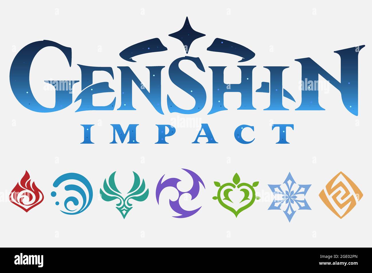 Logo di impatto di Genshin e icone di elementi impostati. Illustrazione Vettoriale