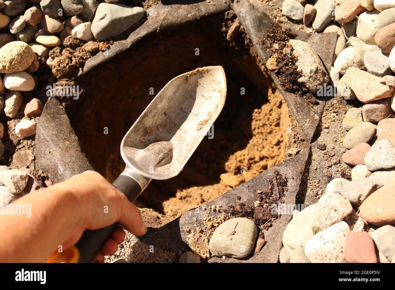 Utilizzando una cazzuola da giardino per scavare un buco. Foto Stock