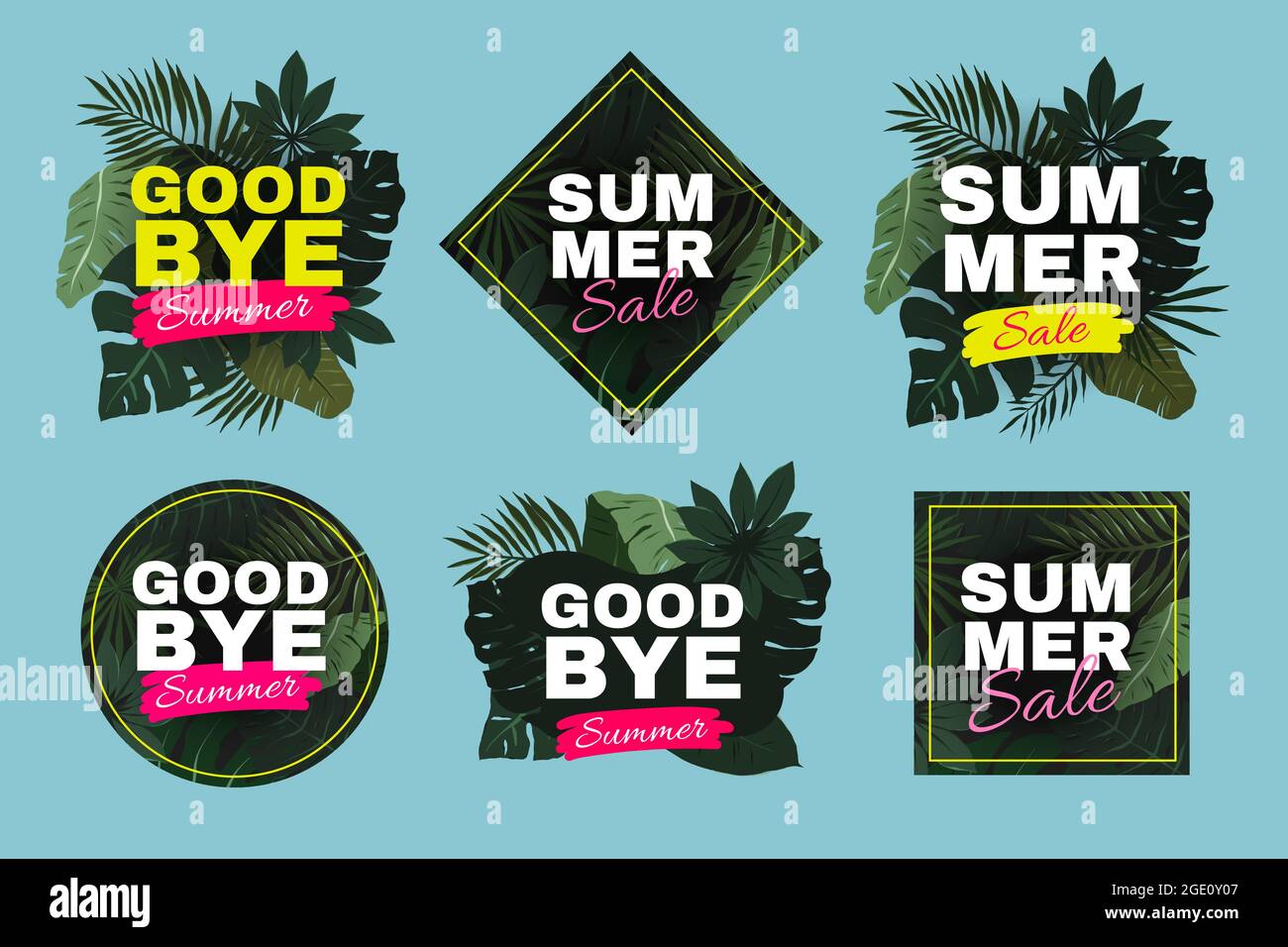 Banner di vendita estiva, volantino promozionale con foglie tropiche, etichette con fogliame, poster di offerta marketing, collezione di modelli vettoriali Illustrazione Vettoriale