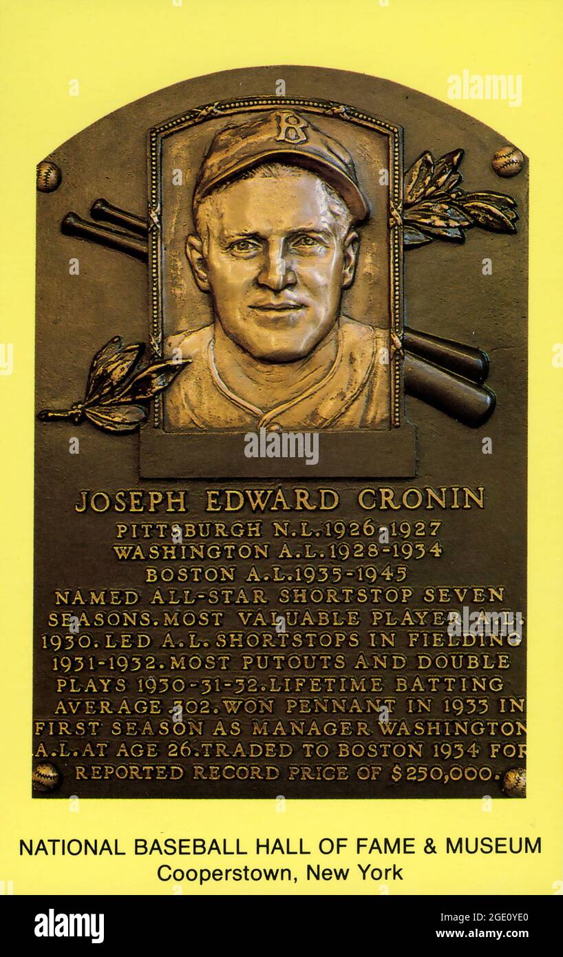 Cartolina ricordo raffigurante la placca della Hall of Fame per il giocatore di baseball e il manager Joe Cronin Foto Stock