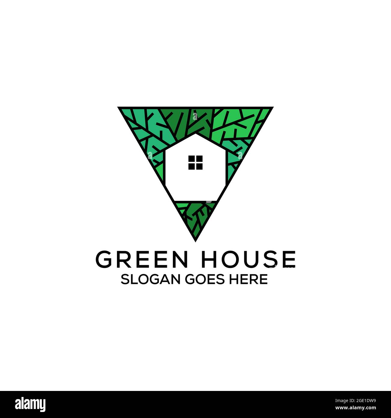 Triangolo verde casa logo design, natura immobiliare logo con linea arte, può essere utilizzato come simboli, identità del marchio, logo aziendale, icone, o altro. Illustrazione Vettoriale