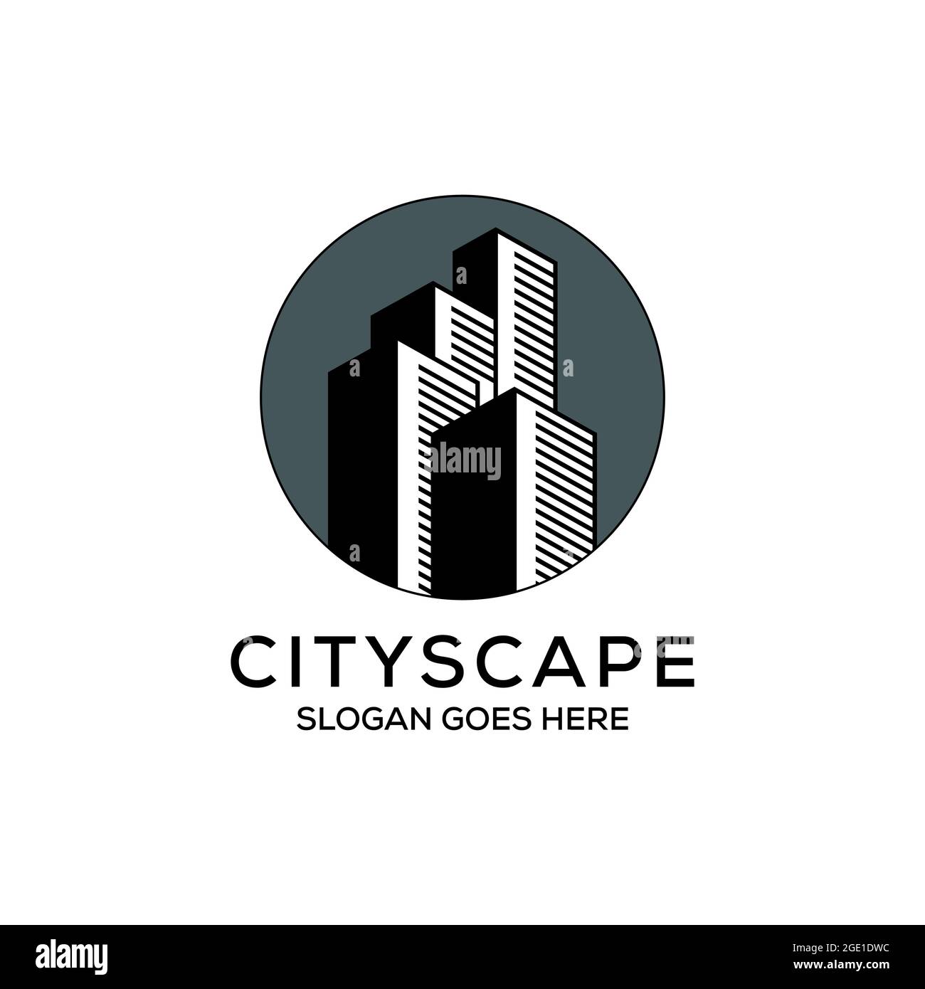 Design del logo dell'appartamento Cityscape, costruzione della città con vettore circolare, può essere utilizzato come simboli, identità del marchio, logo aziendale, icone, o altro. Illustrazione Vettoriale