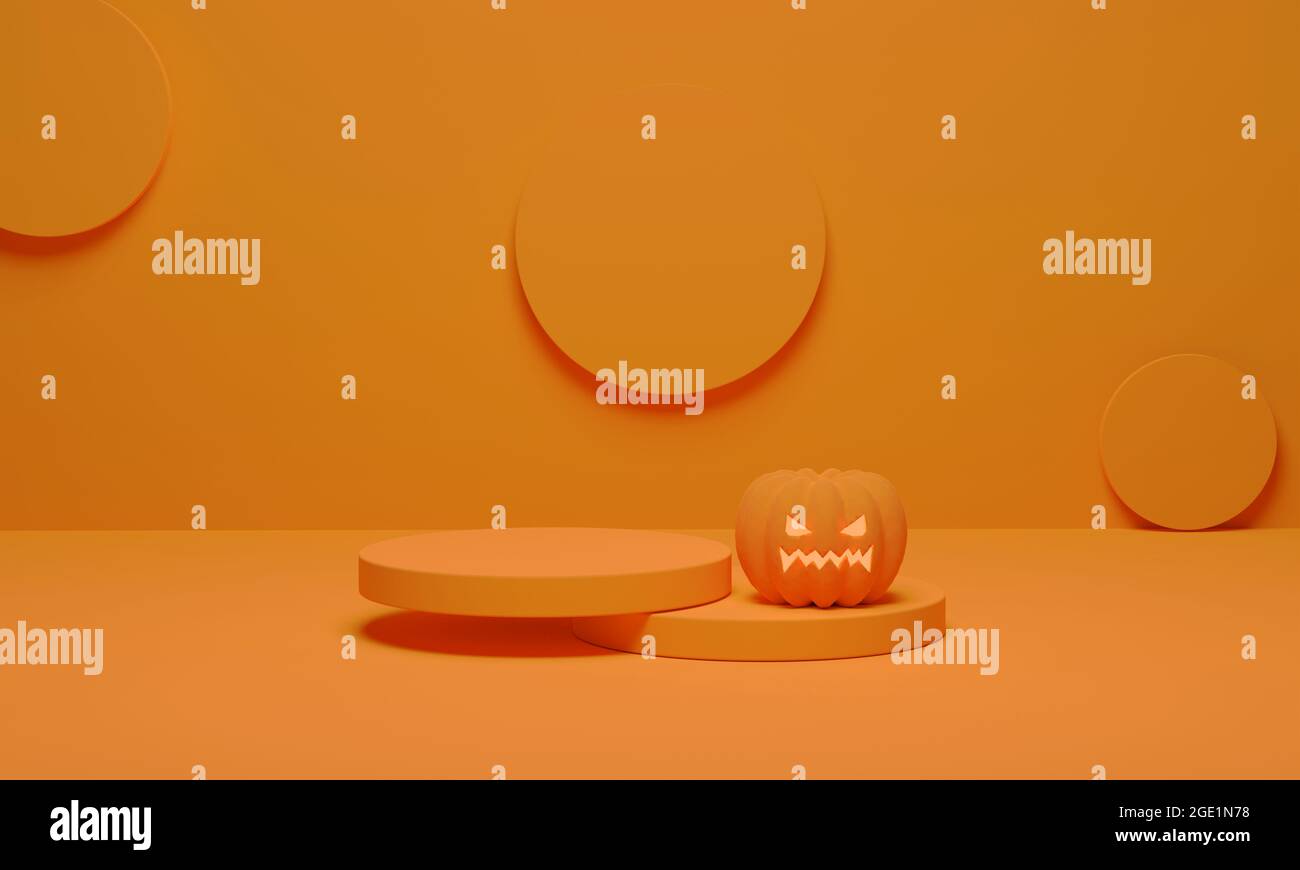 Rendering 3D. Zucca e podio scena minima per Halloween sfondo. Piedistallo dalla forma geometrica astratta per l'esposizione dei prodotti Foto Stock