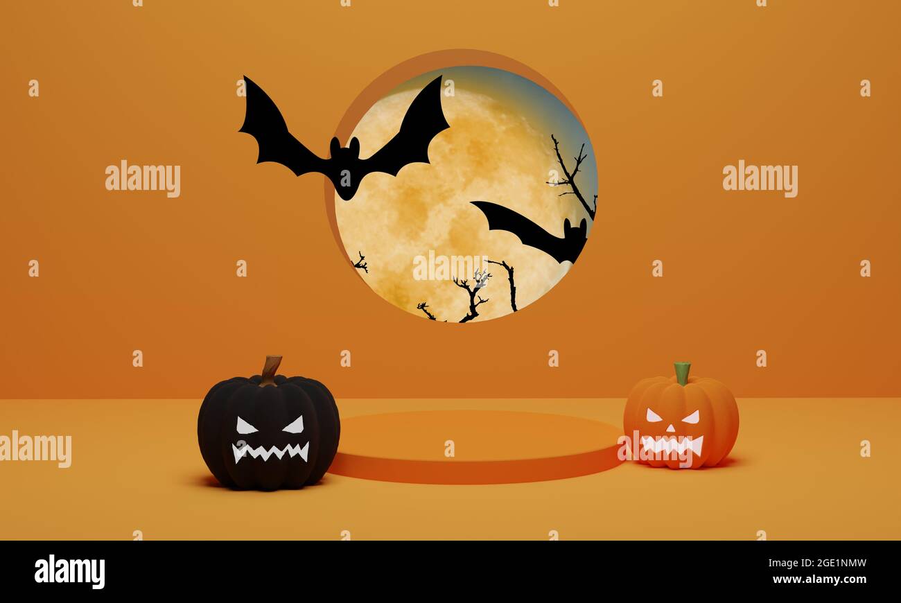 Rendering 3D. Zucca con pipistrello volante e podio scena minima per Halloween sfondo. Piedistallo dalla forma geometrica astratta per l'esposizione dei prodotti Foto Stock