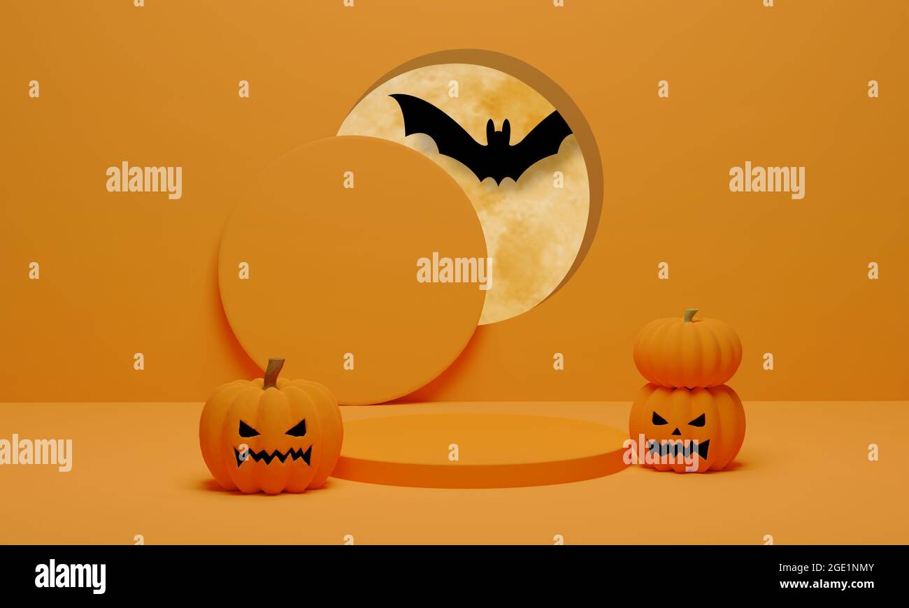 Rendering 3D. Zucca con pipistrello volante e podio scena minima per Halloween sfondo. Piedistallo dalla forma geometrica astratta per l'esposizione dei prodotti Foto Stock