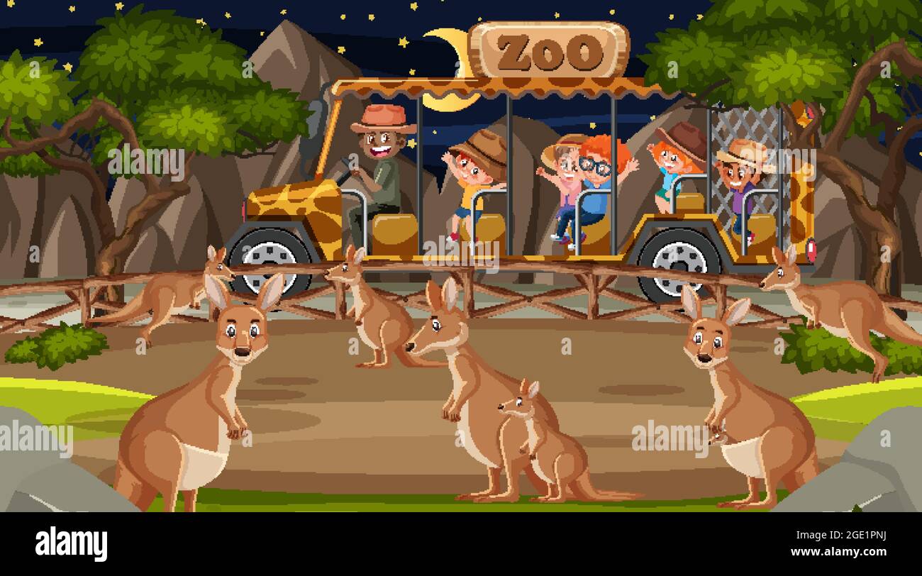 Safari nella scena notturna con molti bambini che guardano l'illustrazione del gruppo dei canguri Illustrazione Vettoriale