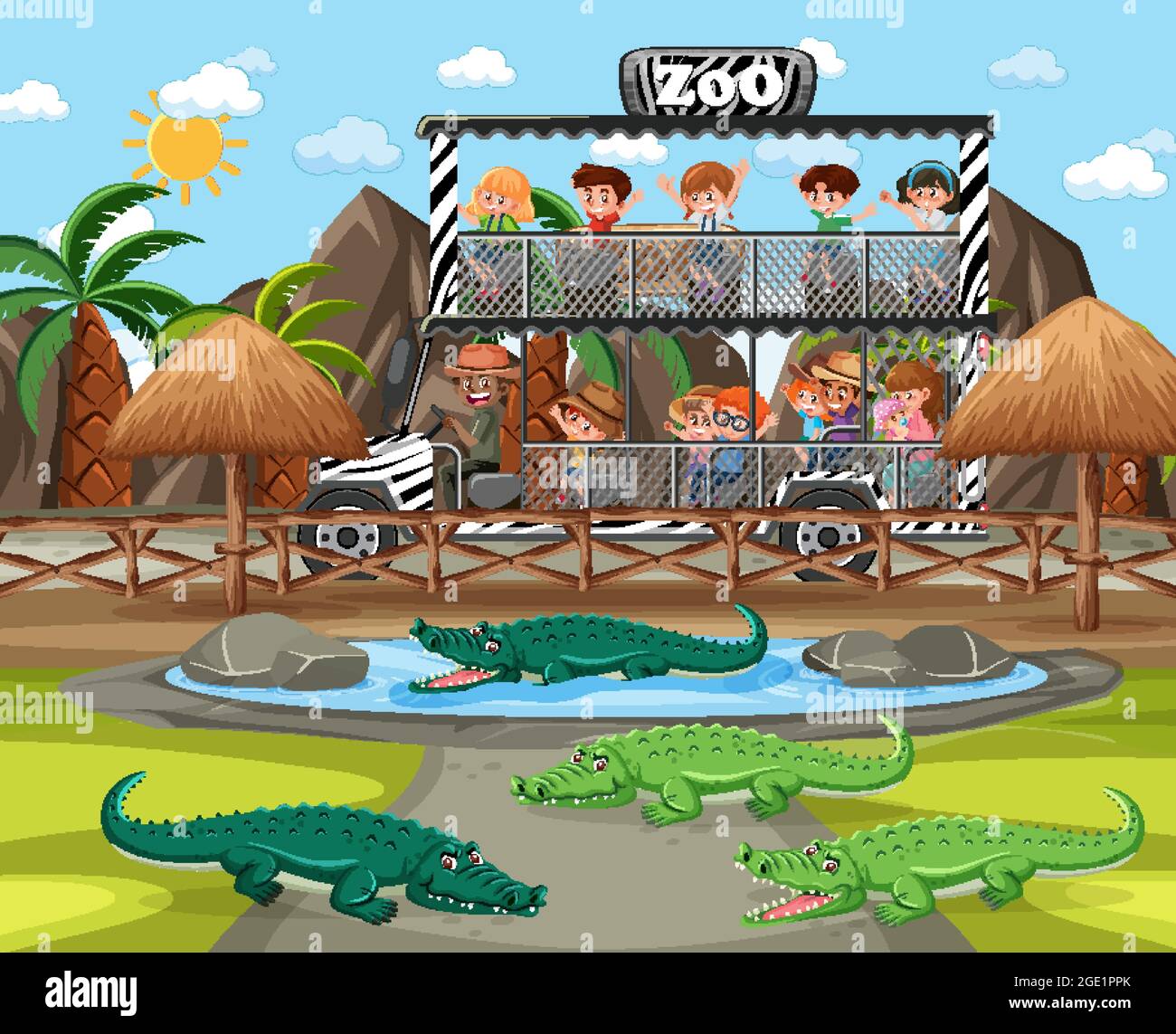 Safari scena con i bambini in auto turistica guardando l'illustrazione del gruppo degli alligatori Illustrazione Vettoriale