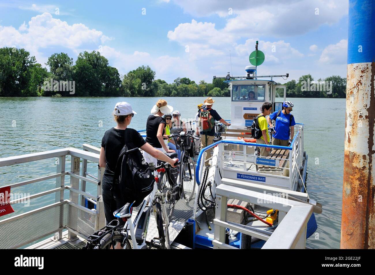 FRANCIA, VAL-D'OISE (95) HERBLAY, GIRO IN BICICLETTA ELETTRICA NELLA FORESTA E SULLE RIVE DELLA SENNA, TRAGHETTO Foto Stock