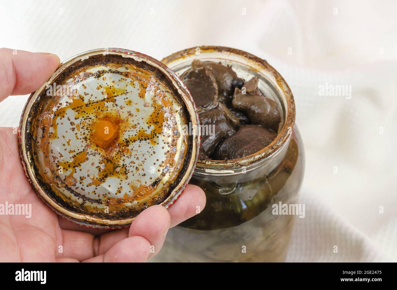 Botulismo, avvelenamento alimentare dal concetto di alimenti in scatola. Maniglie coperchio in stagno Rusty con macchie nere. Vaso di vetro aperto con Suillus sottaceto fatto in casa. Rovinato Foto Stock