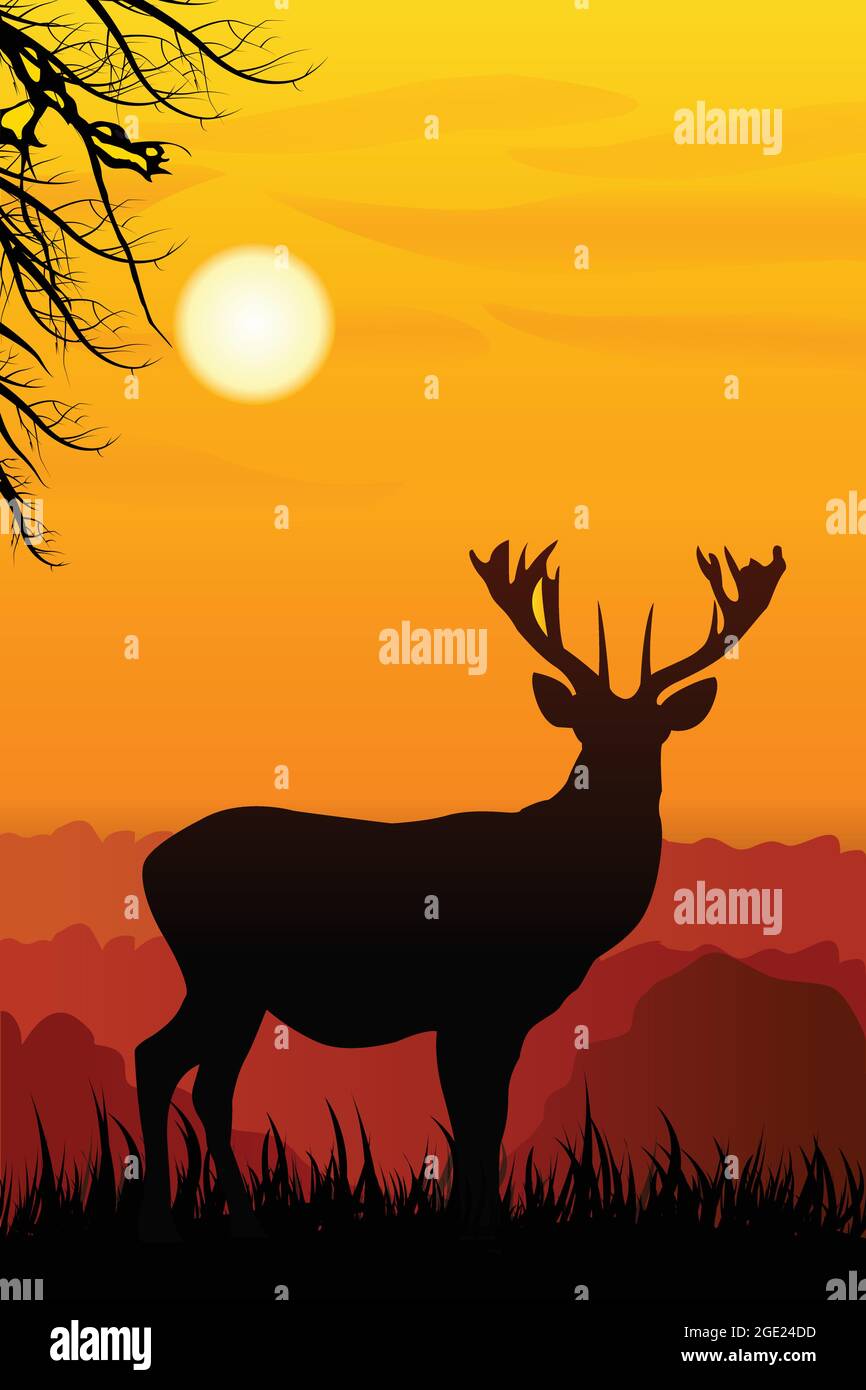 Sagoma del cervo sullo sfondo del tramonto. Splendido sfondo al tramonto con la silhouette del cervo. Stag o renna nella foresta. Illustrazione Vettoriale