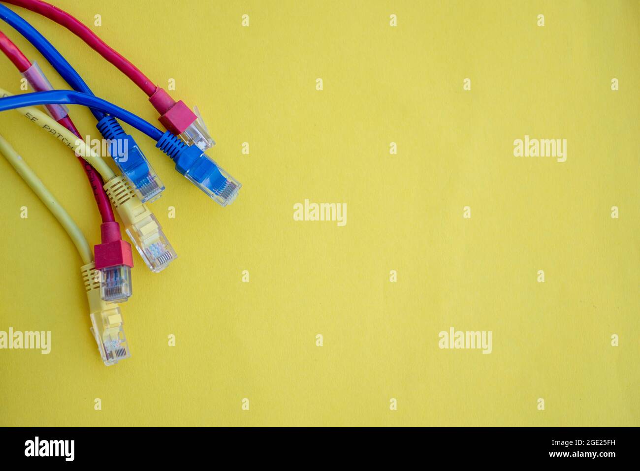 Cavi Ethernet isolati su sfondo giallo Foto Stock