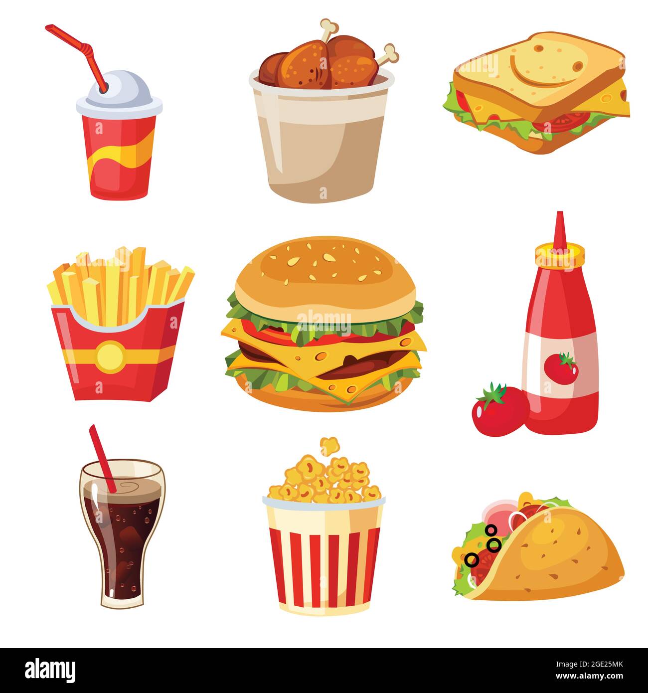 Gustosi fast food o snack vettore isolato su bianco. Bevanda fresca, salsa di pomodoro, hamburger, sandwich, pollo fritto, popcorn e bevanda analcolica. Illustrazione Vettoriale