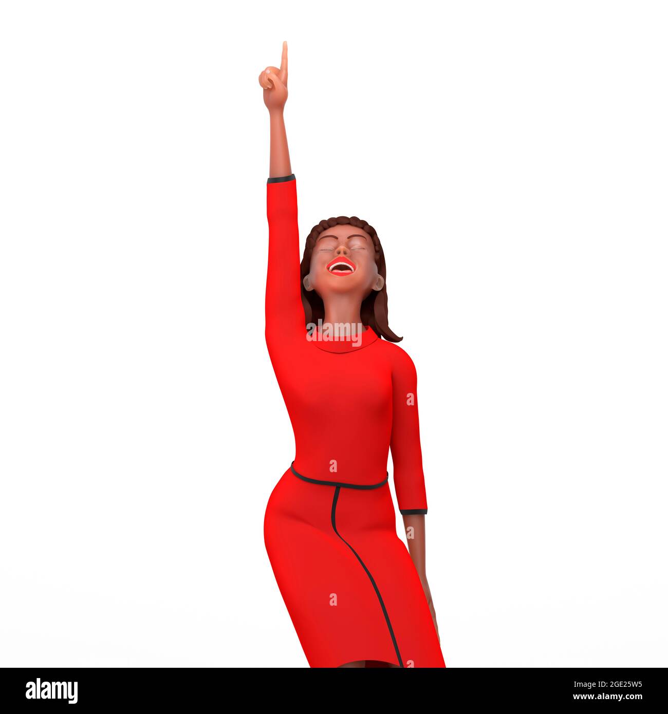 Un'illustrazione di una donna nera positiva che canta e balla. Il carattere di una donna africana in un vestito rosso. Rendering 3D. Foto Stock