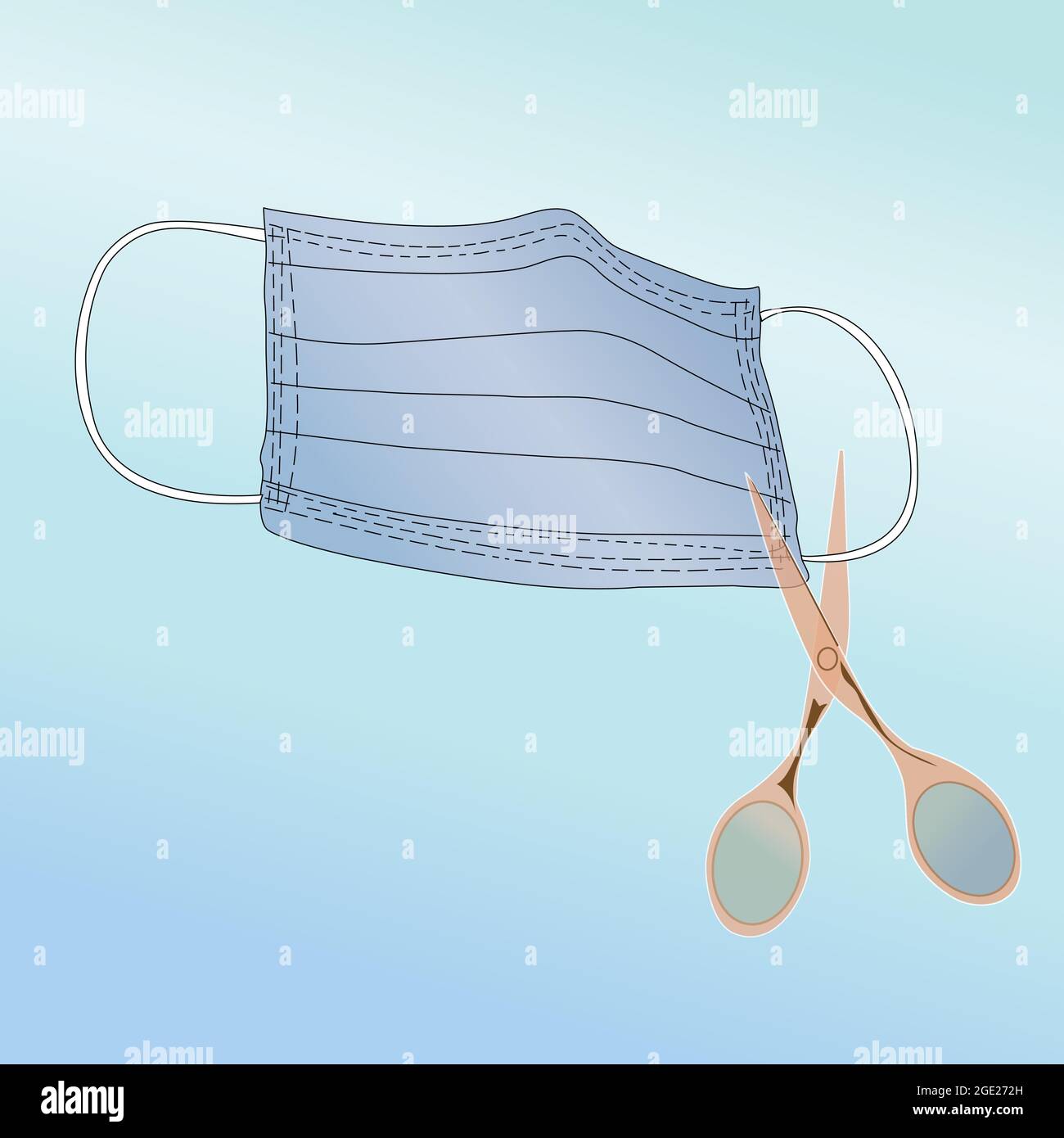 Maschera e vettore a forbice. Tagliare le cinghie prima di lanciare. Maschera facciale medicata. Maschera chirurgica per evitare il virus corona. Illustrazione Vettoriale