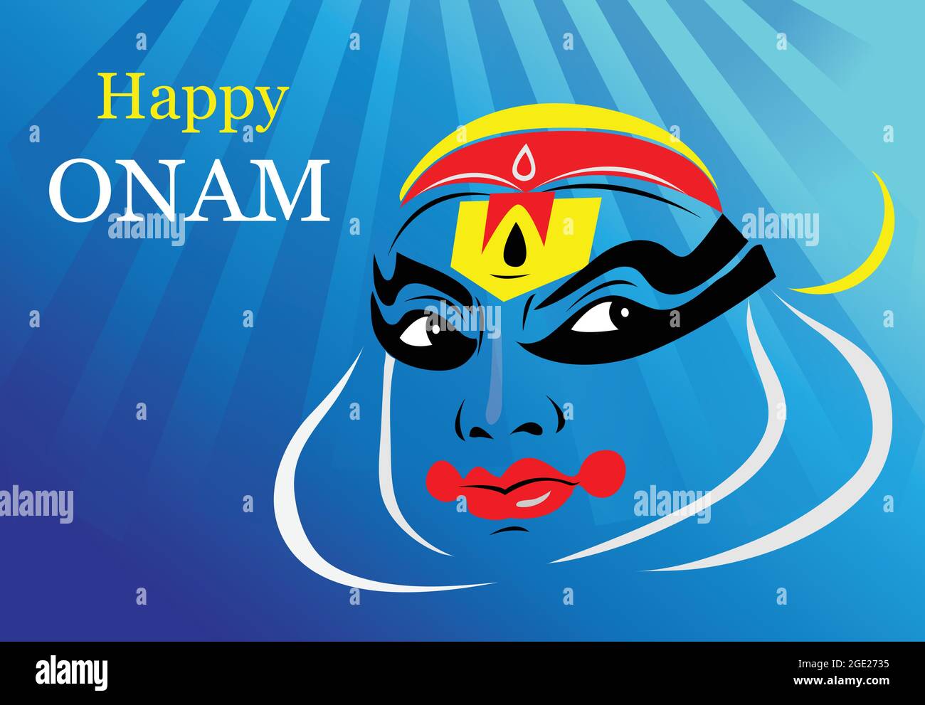 Illustrazione della faccia ballerina colorata di Kathakali sullo sfondo per il festival felice di Onam del Kerala dell'India del Sud. Banner del festival Happy onam. Illustrazione Vettoriale