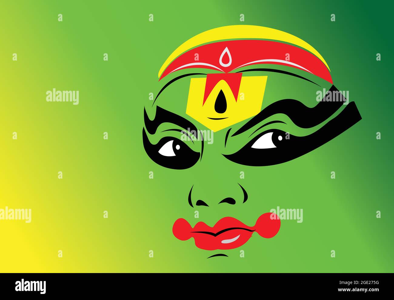 Illustrazione di un volto di Kathakali. Disegno vettoriale del volto di Kathakali danza classica del Kerala, India. Illustrazione Vettoriale