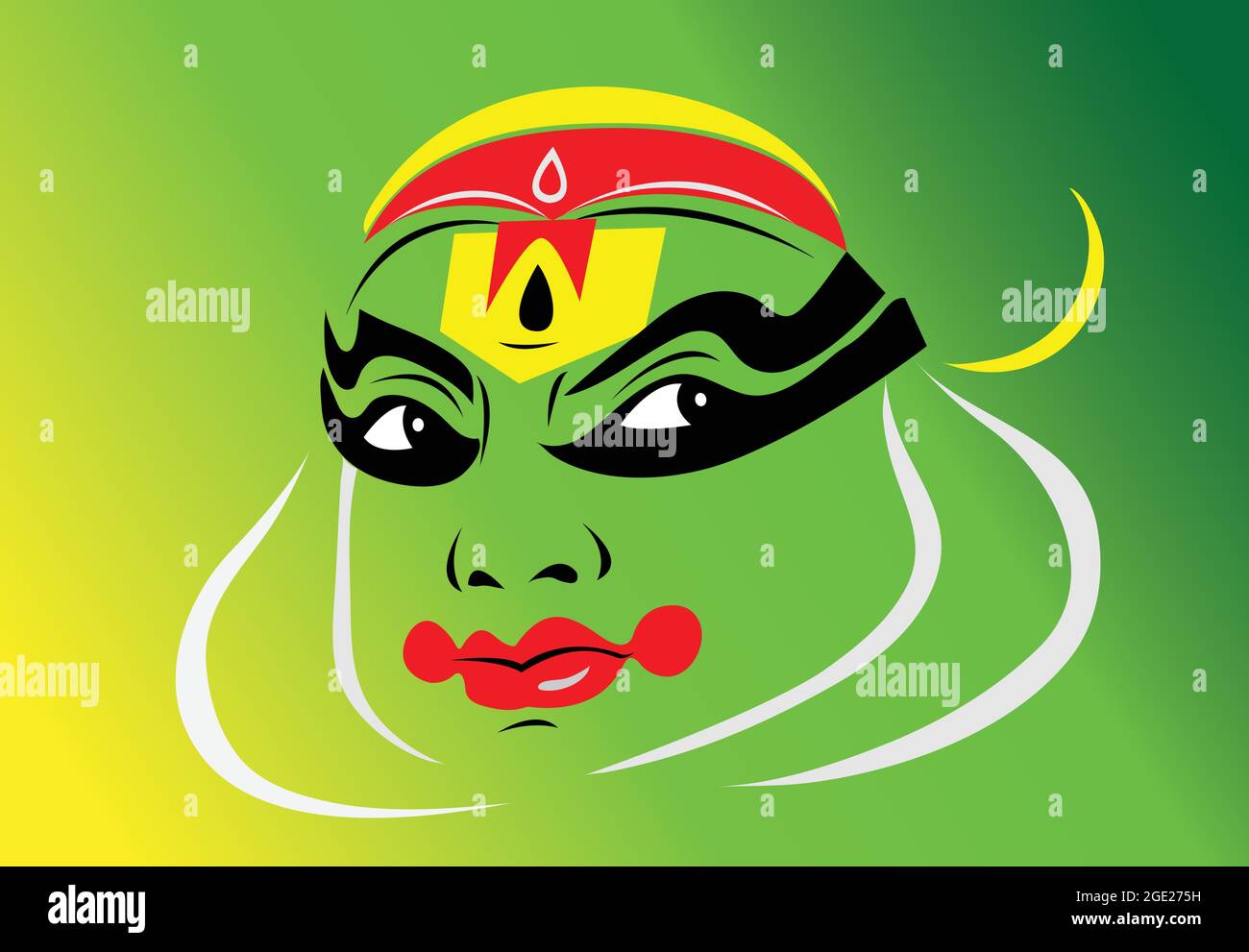 Illustrazione di un volto di Kathakali. Disegno vettoriale del volto di Kathakali danza classica del Kerala, India. Illustrazione Vettoriale