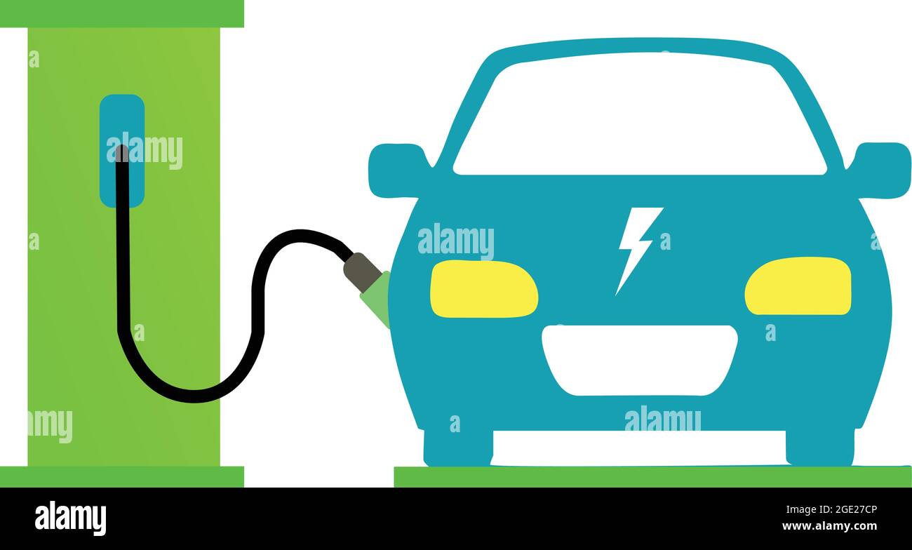 Auto elettrica che si carica presso la stazione di ricarica. Veicolo privo di inquinamento. Illustrazione Vettoriale