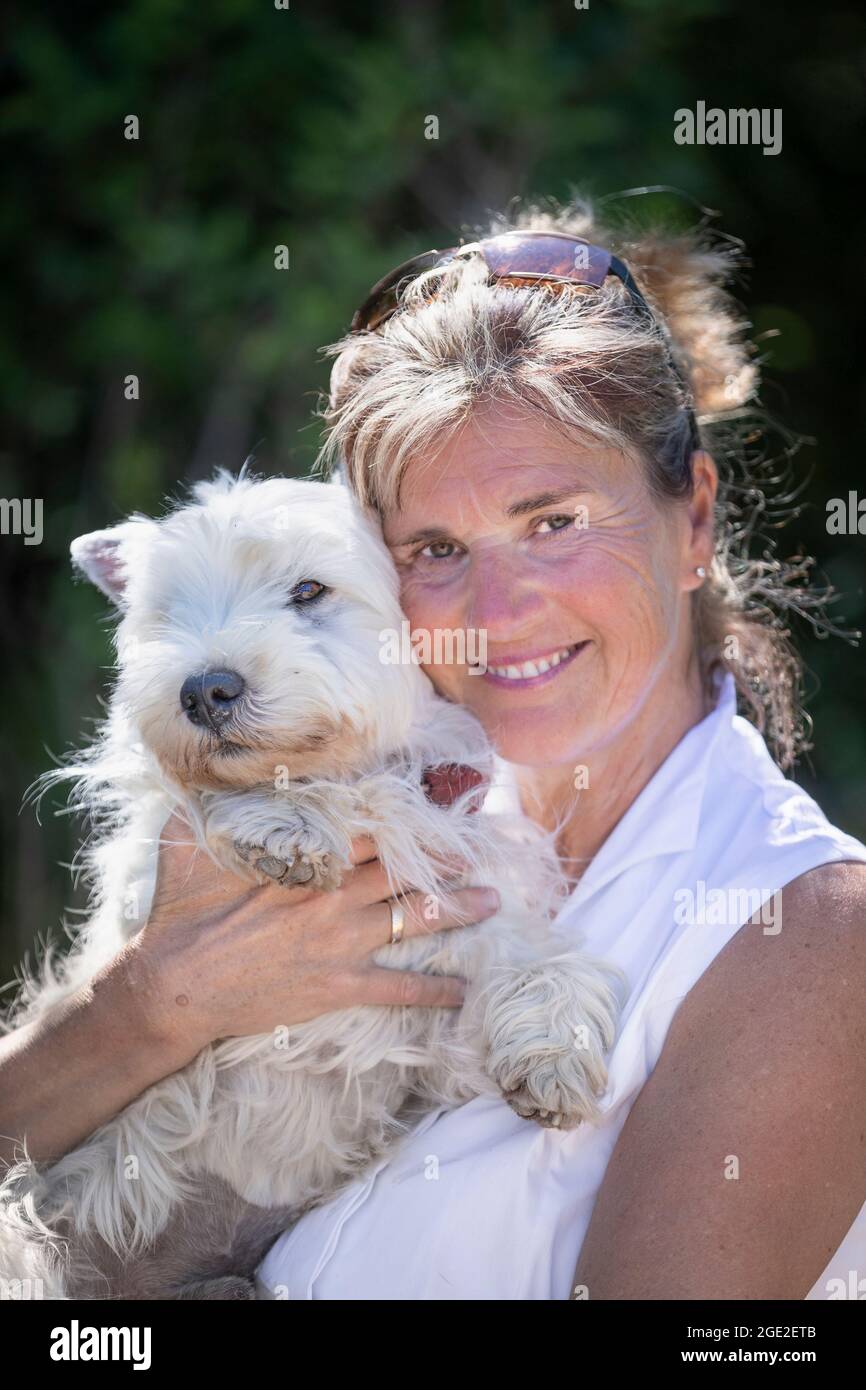 Donna in possesso di un adulto West Highland White Terrier. Germania Foto Stock