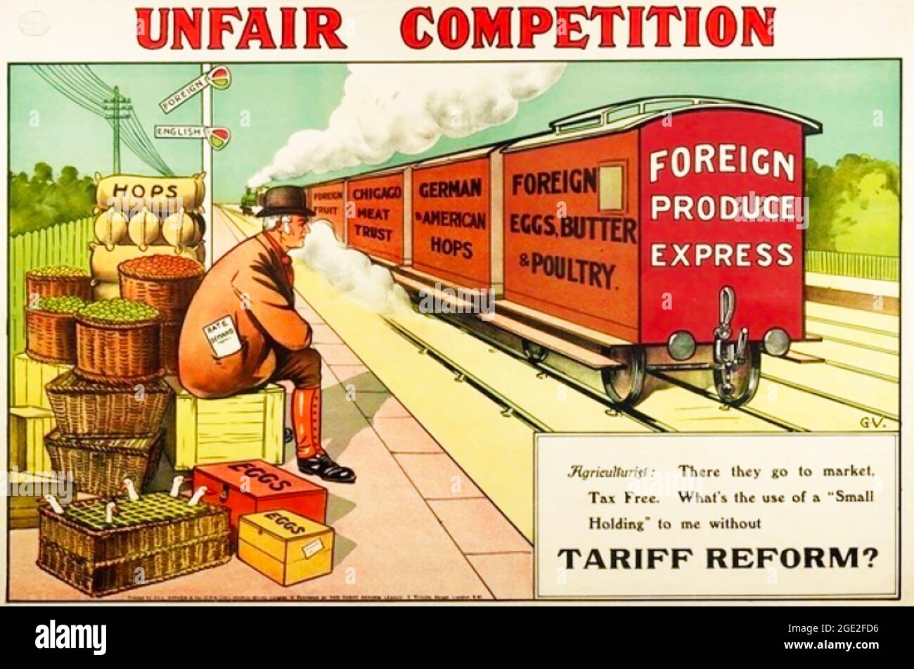 POSTER DI TARIFF REFORM LEAGUE UK circa 1903 che riecheggia una canzone di quella data 'John Bull's Railway Station' Foto Stock