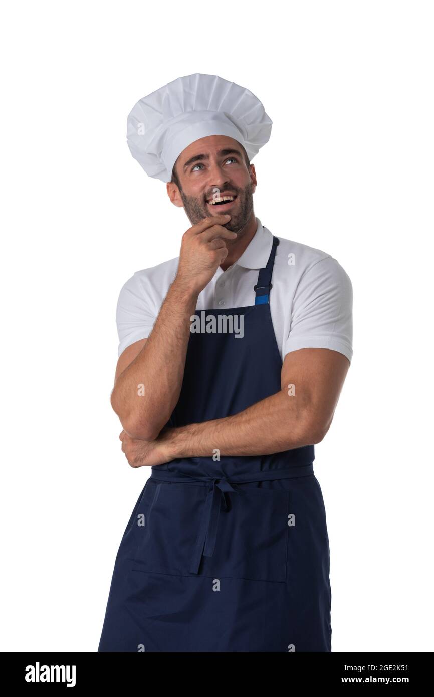 Chef pensiero isolato su sfondo bianco Foto Stock