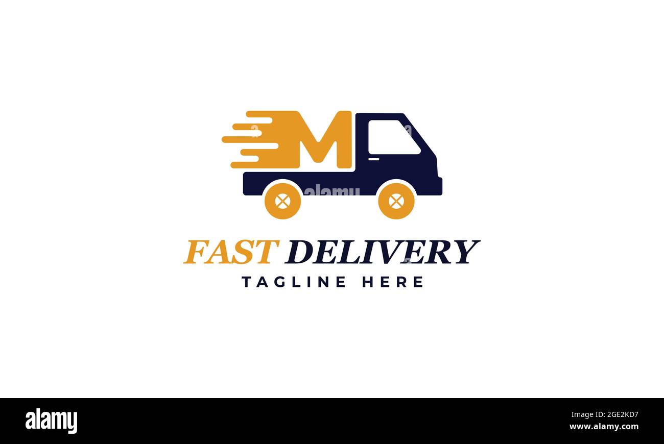 Modello di progettazione vettoriale per il logo del servizio di consegna rapida Letter M. Design dell'icona del logo dell'alfabeto M Courier. Design del logo con consegna rapida Illustrazione Vettoriale