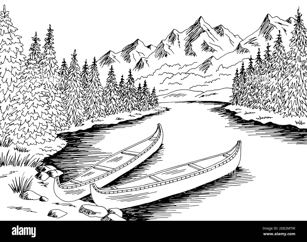 Canoe barca grafica fiume bianco nero paesaggio disegno vettore Illustrazione Vettoriale
